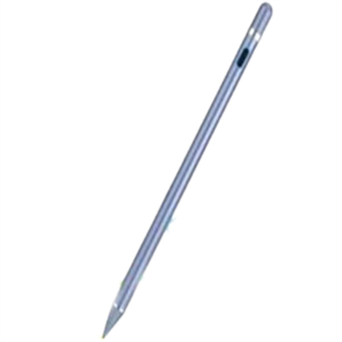 Ein silberner Eingabestift vor weißem Hintergrund, von oben nach unten abgewinkelt.