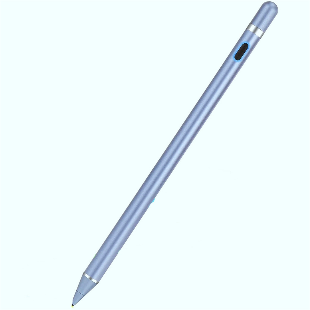 Ein hellblauer Eingabestift mit einer dunkelblauen Taste und einer Spitze, die nach links unten zeigt.
