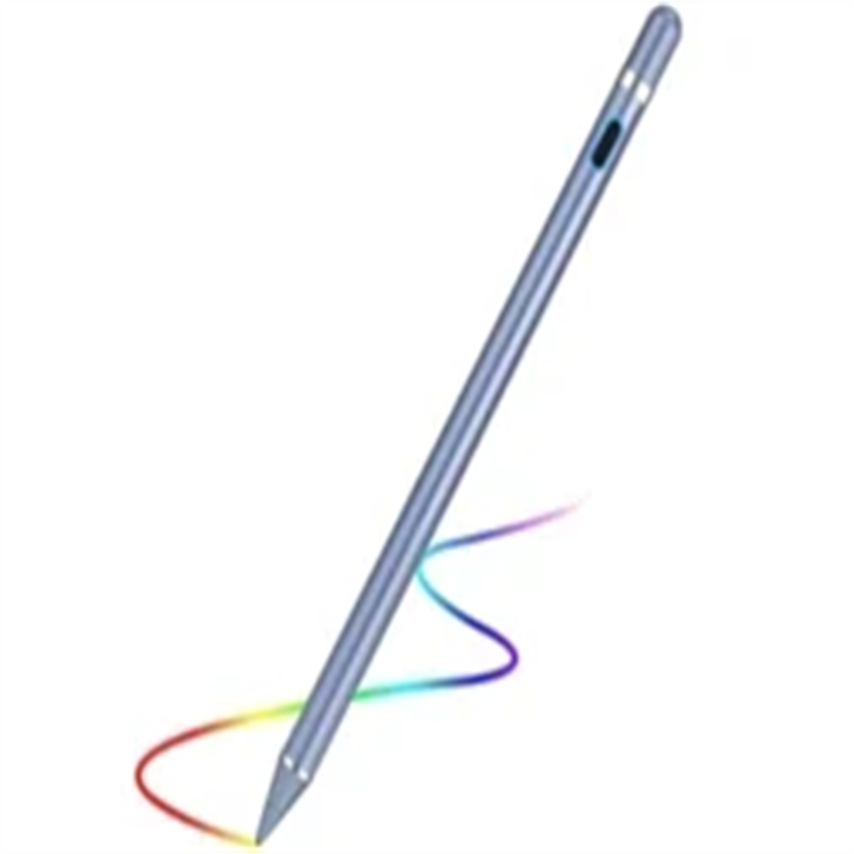Ein silberner Stift mit einer bunten Linie. Weißer Hintergrund.
