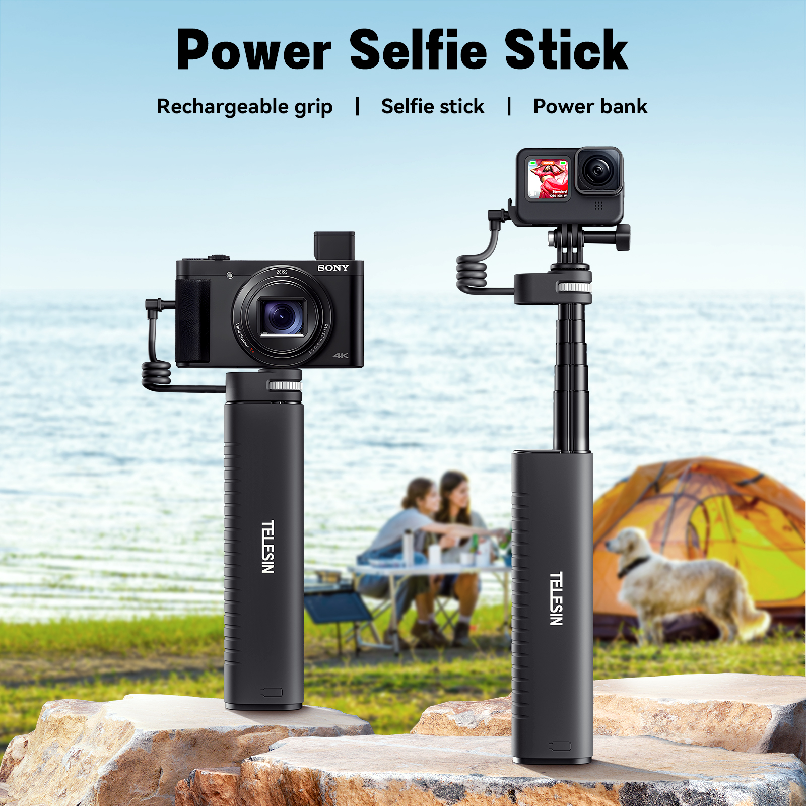 Twee selfiesticks met camera's. Eén heeft een camera, de andere een telefoon. Een tent op de achtergrond.