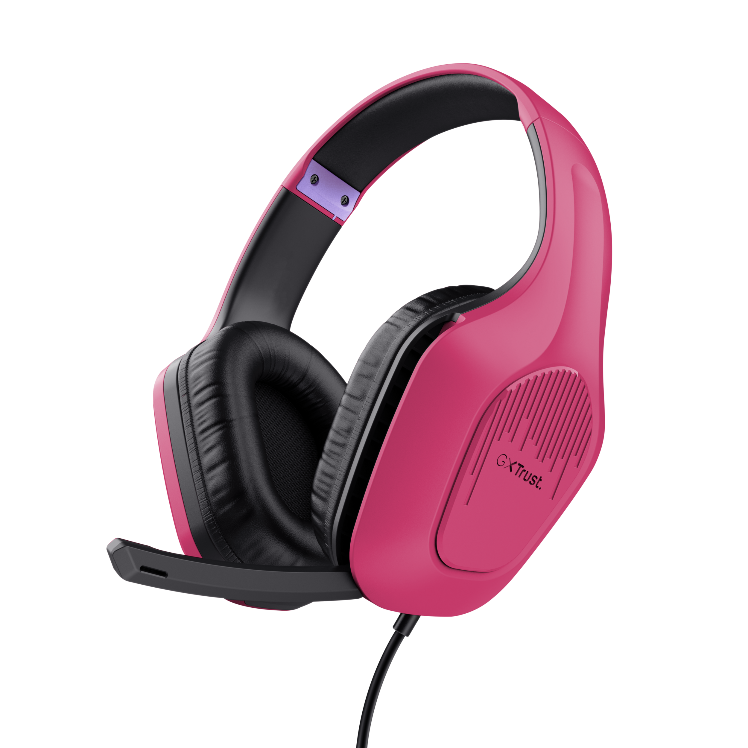 Roze gaming hoofdtelefoon met een microfoon, zwarte oorschelpen en een zwarte achtergrond.