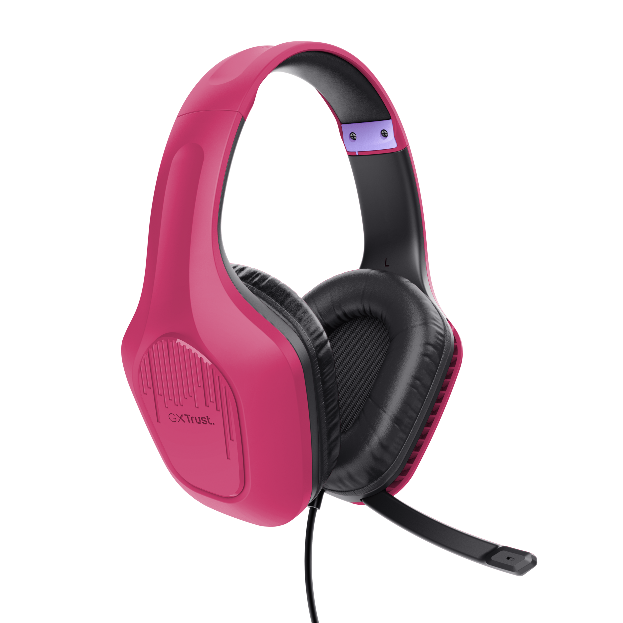 Roze gaming headset met zwarte oorschelpen en microfoon. Zwarte achtergrond.
