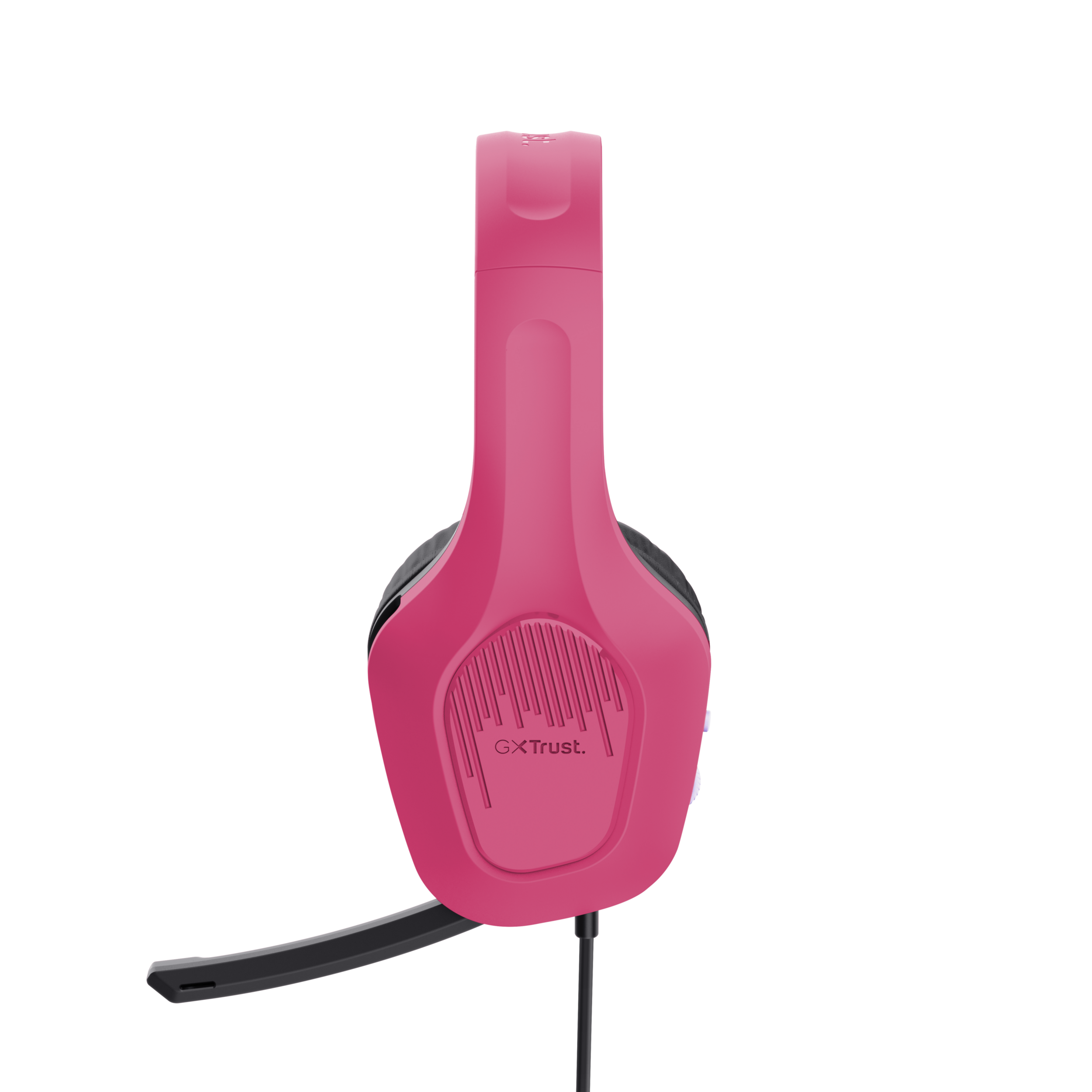 Roze koptelefoon met een microfoon. De koptelefoon staat voor een zwarte achtergrond.