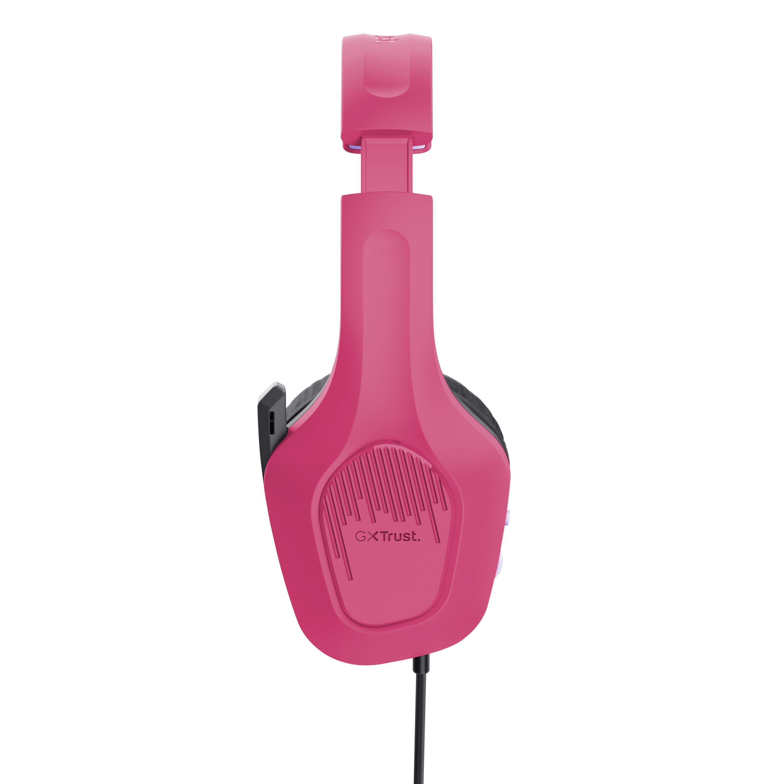 Roze koptelefoon met hoofdband en oorschelpen, met een zwarte kabel.