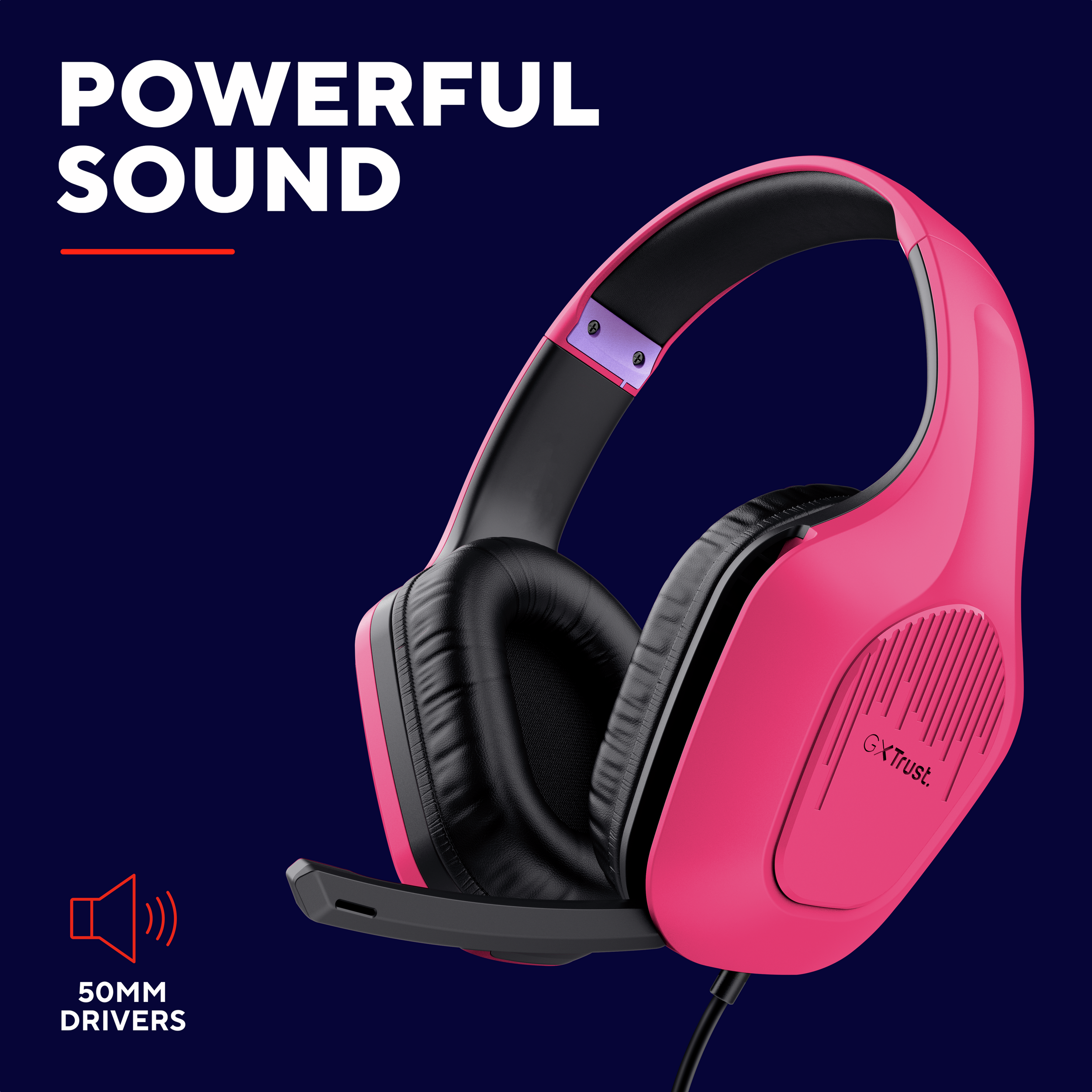 Roze gaming headset met microfoon op een donkerblauwe achtergrond.