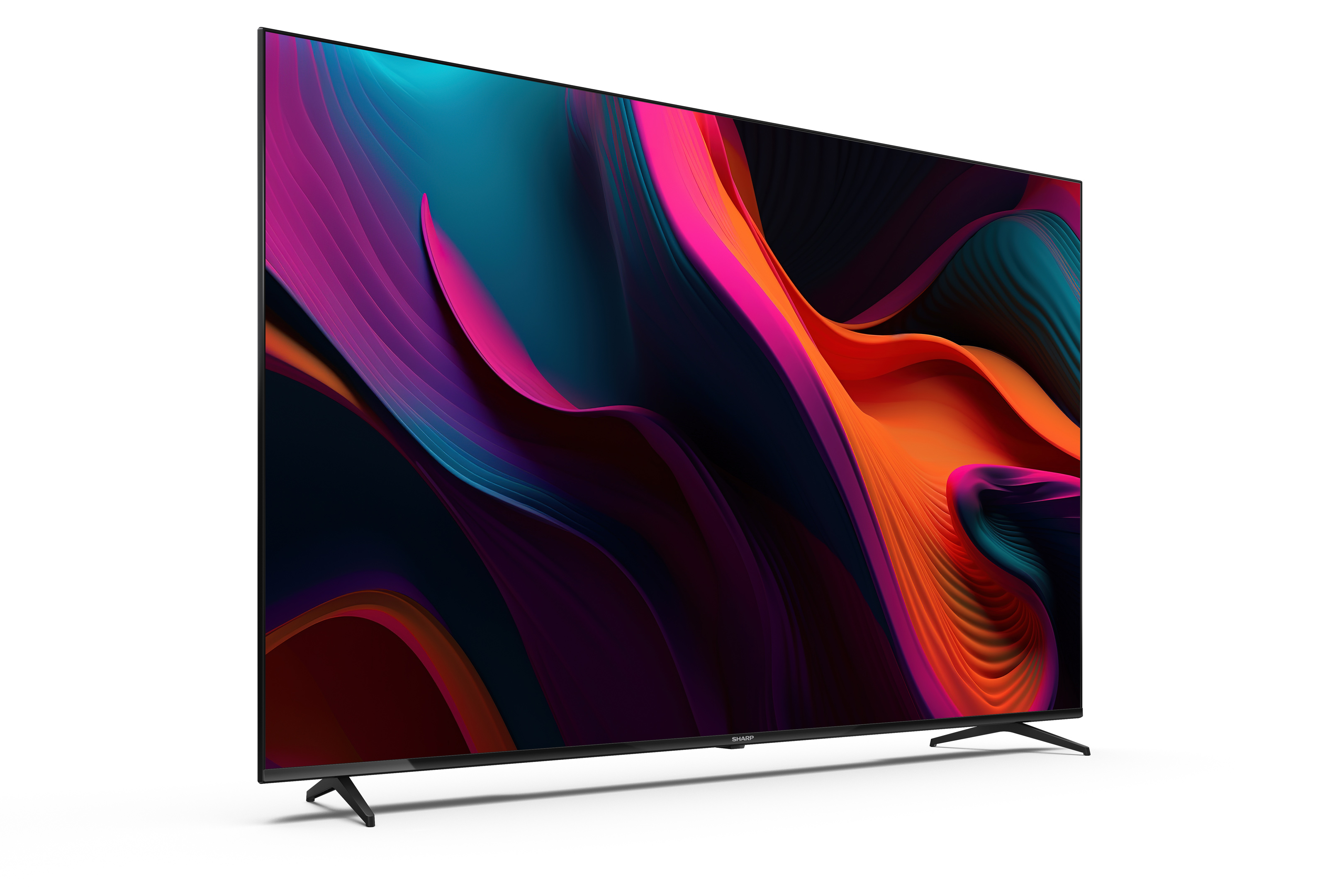 Grande TV Sharp che mostra un motivo astratto colorato su sfondo bianco.