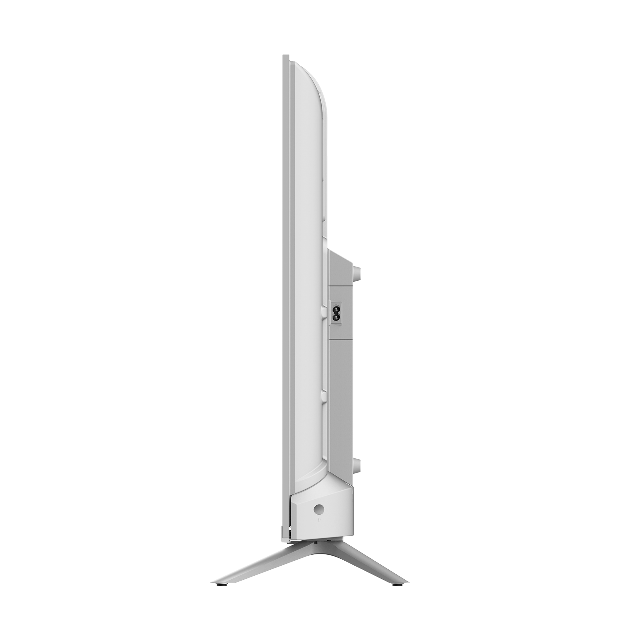 Vue latérale blanche d'un écran de télévision sur un support, sur fond noir.