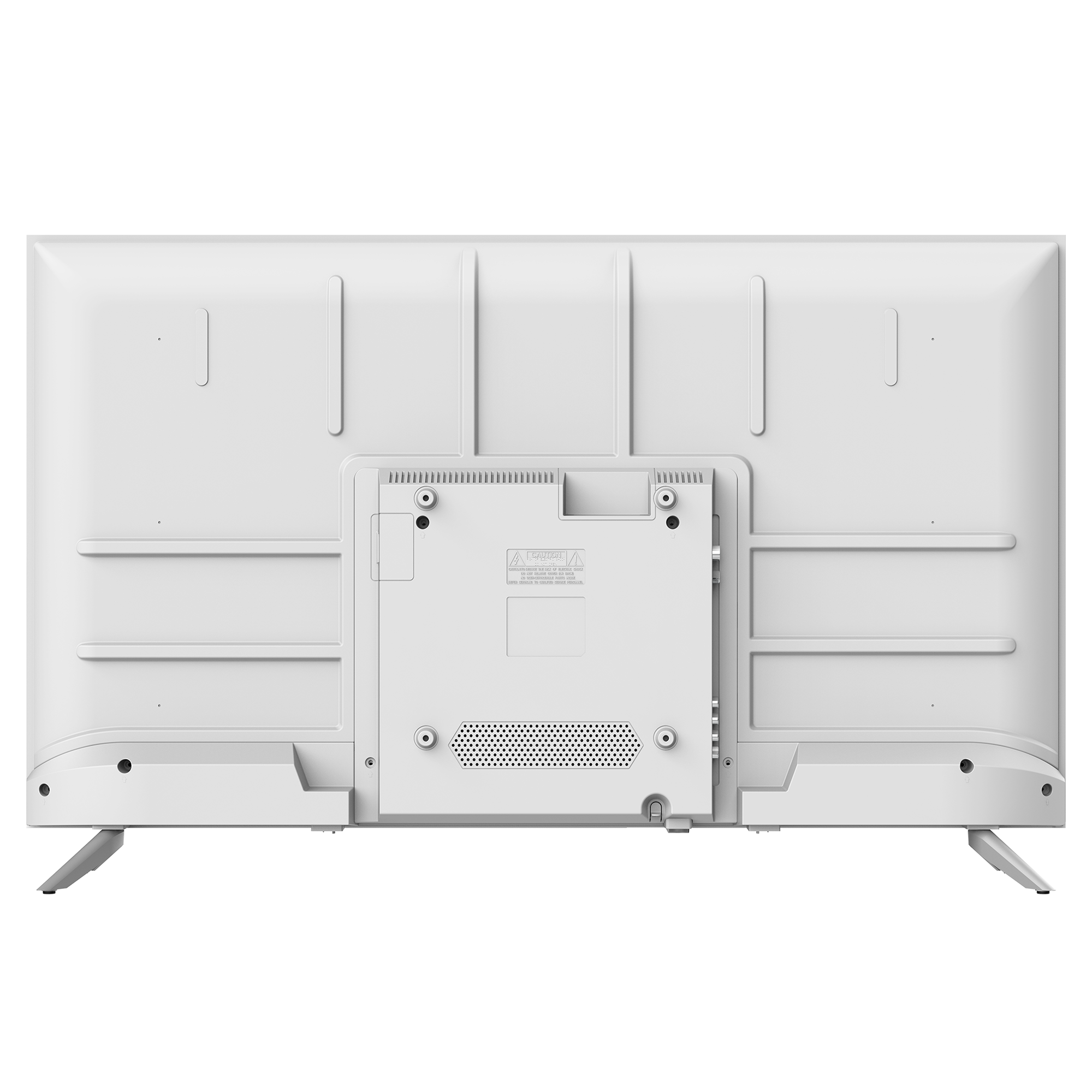 Arrière d'un téléviseur blanc. Les caractéristiques incluent des ports et une zone de montage centrale.