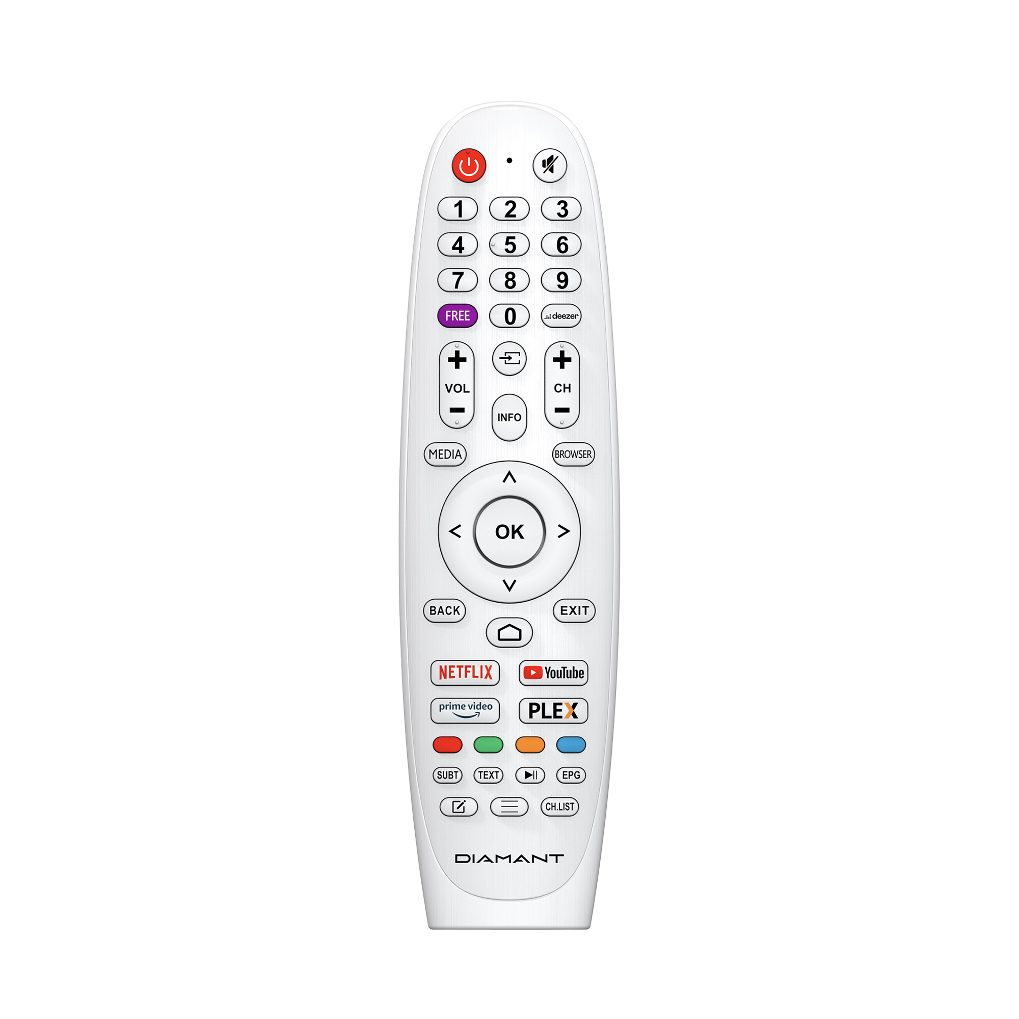 Télécommande blanche avec plusieurs boutons. Inclut Netflix, YouTube et la marque Diamant.