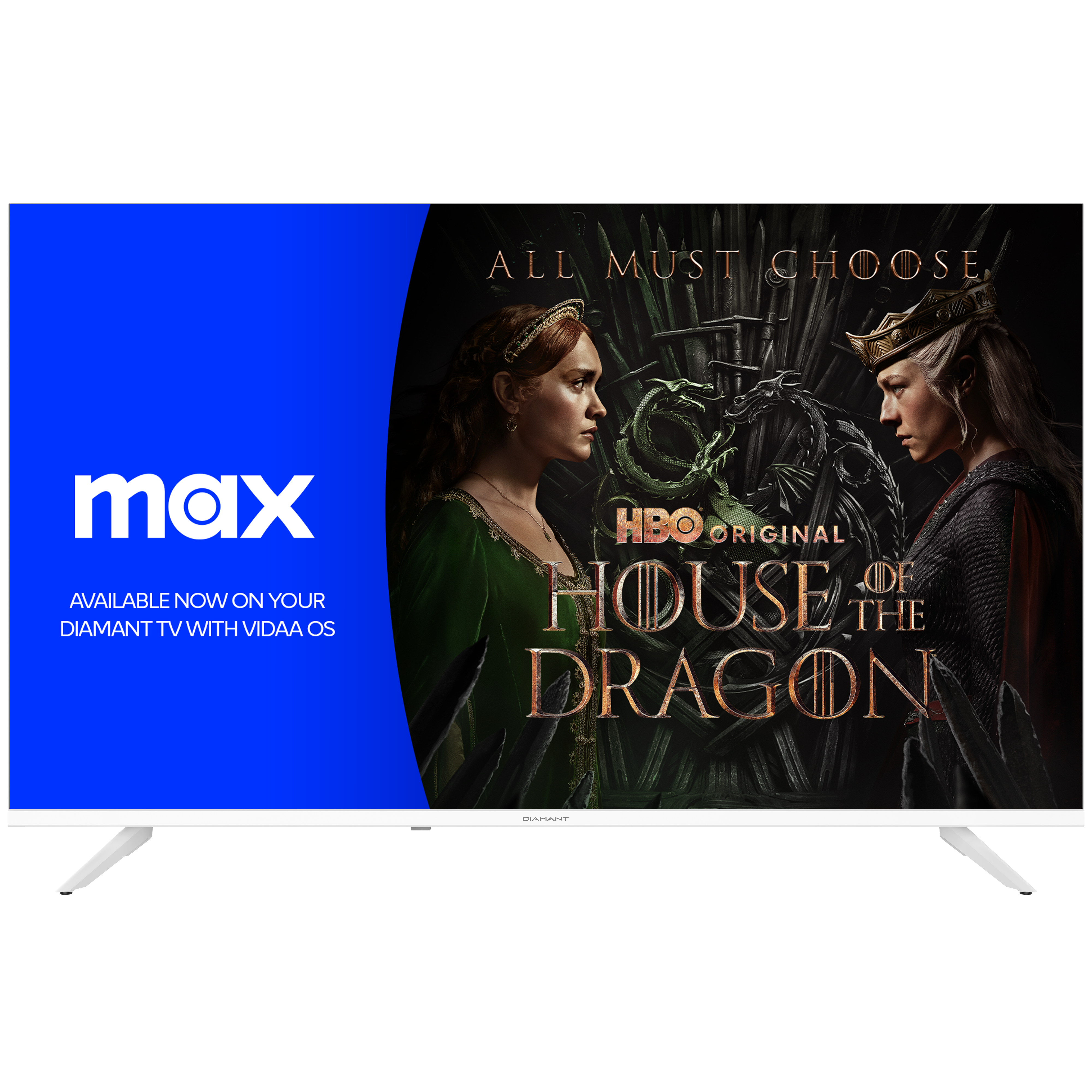 Un écran de télévision affichant une scène de "House of the Dragon" avec le logo bleu "max". Support blanc, fond bleu.
