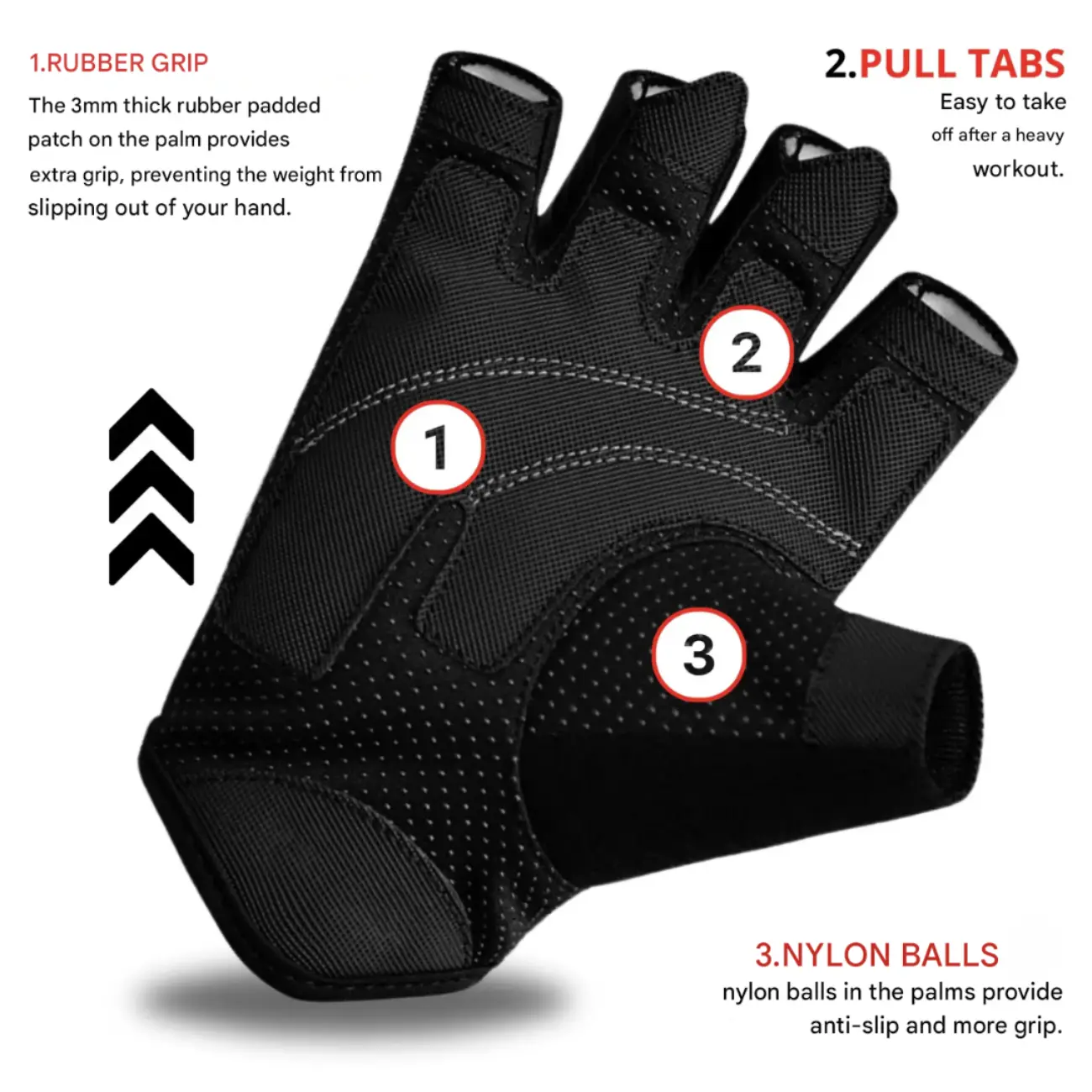 Zwarte fitnesshandschoen met rubberen grip, treklipjes en nylon ballen.