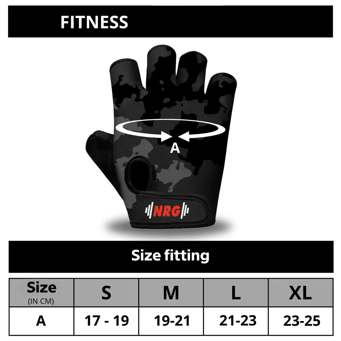 Zwarte en grijze fitness handschoenen met maattabel en de merknaam NRG.
