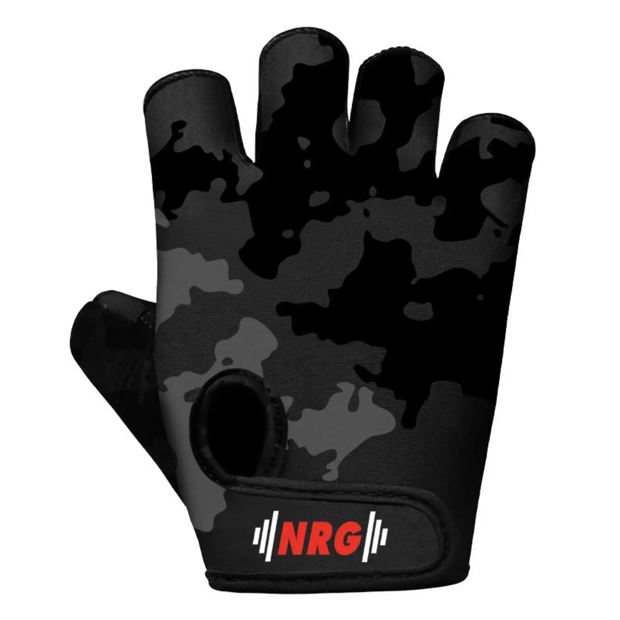 Zwart-grijze camouflage gewichthefhandschoen, een rood-wit NRG-logo op de polsband. Witte achtergrond.