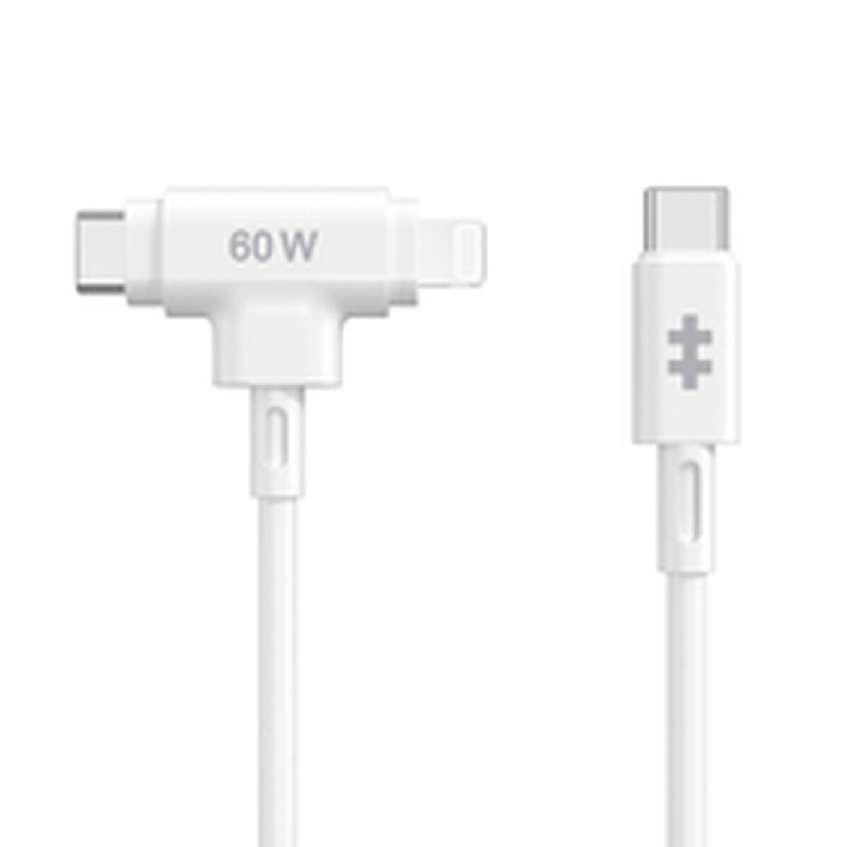 A white charging cable with a USB-C and a multi-connector, labeled with 60W power.