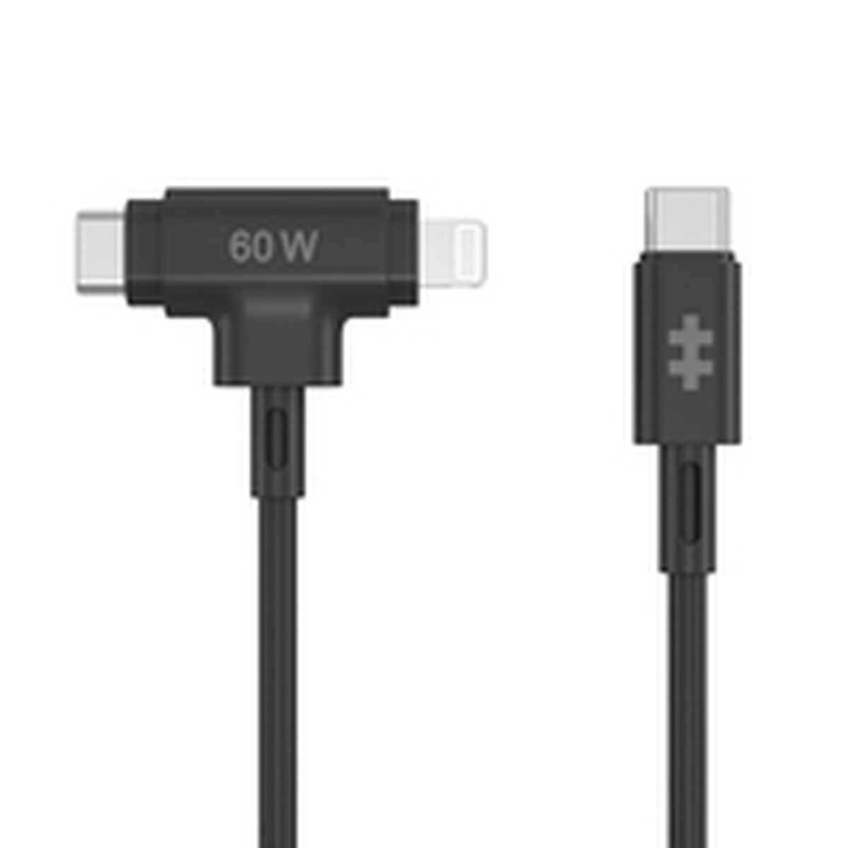 Black 60W charging cable with USB-C to USB-C and USB-C to Lightning connectors, on a white background.