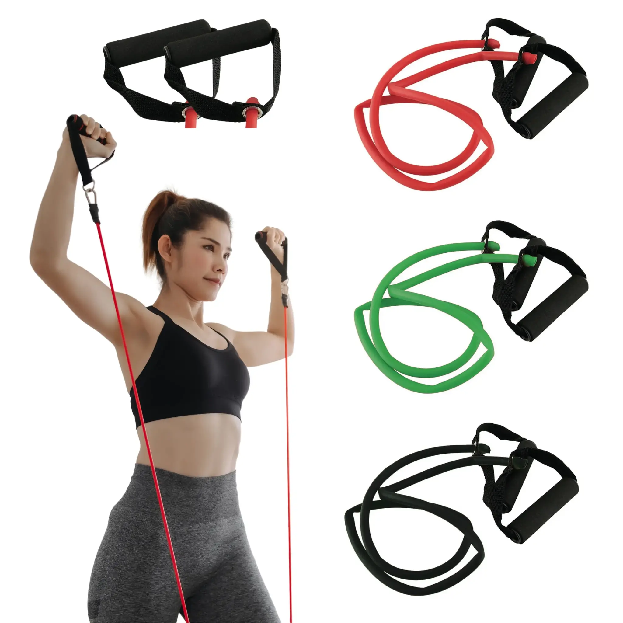 A woman exercising with resistance bands. Various bands and handles are also displayed. The woman is in sportswear.