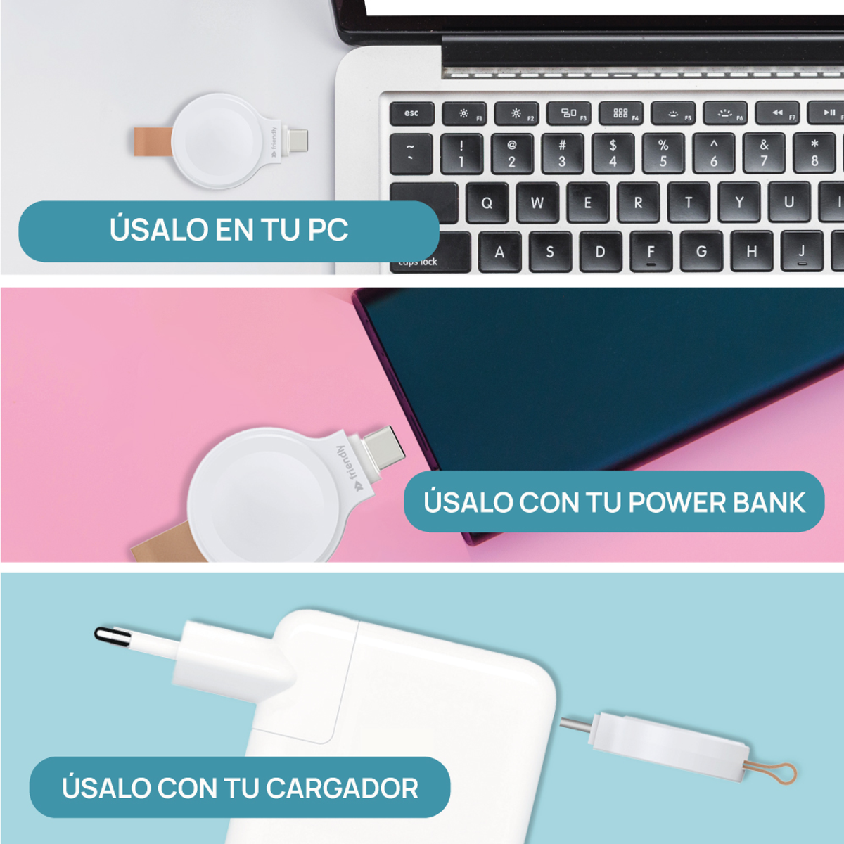 Collage de un accesorio blanco. Muestra el uso con PC, batería externa y cargador. Texto en español.