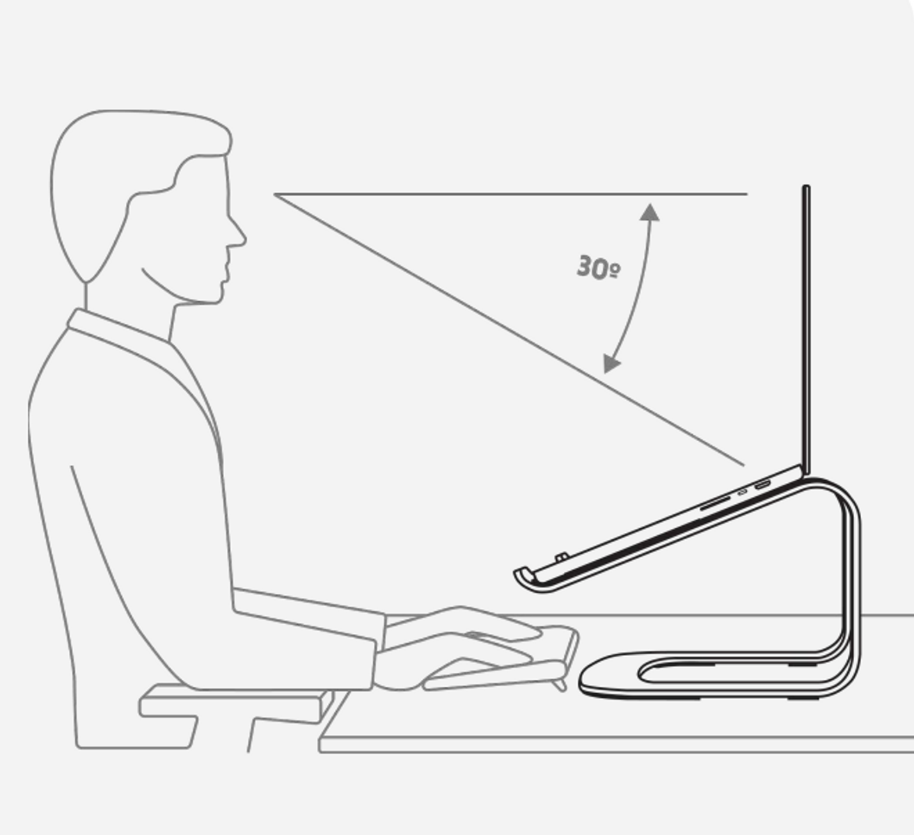 Strichzeichnung einer Person, die einen Laptop auf einem Ständer in 30 Grad benutzt.