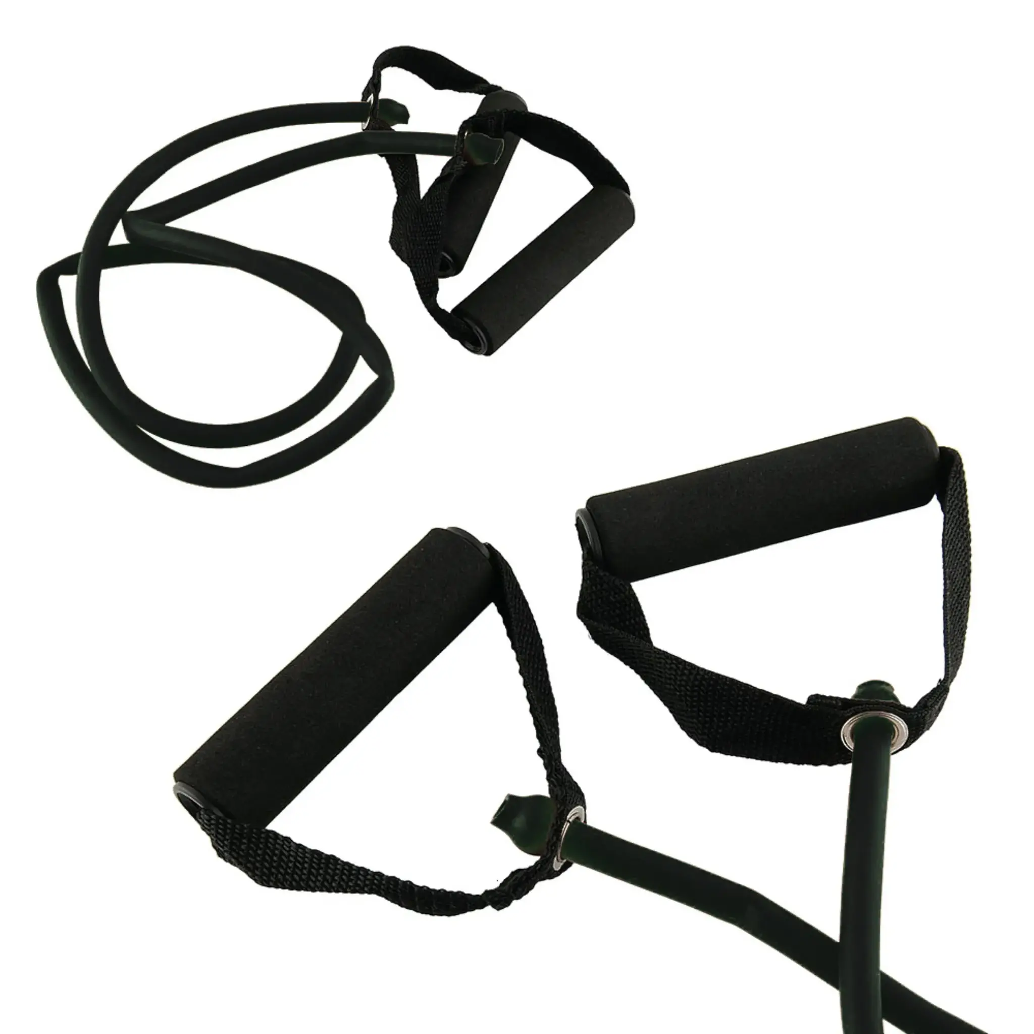 Black resistance bands with black foam handles, arranged on a white background.