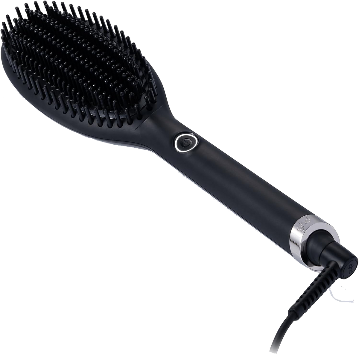 Spazzola lisciante per capelli nera con setole nere e dettagli argentati.