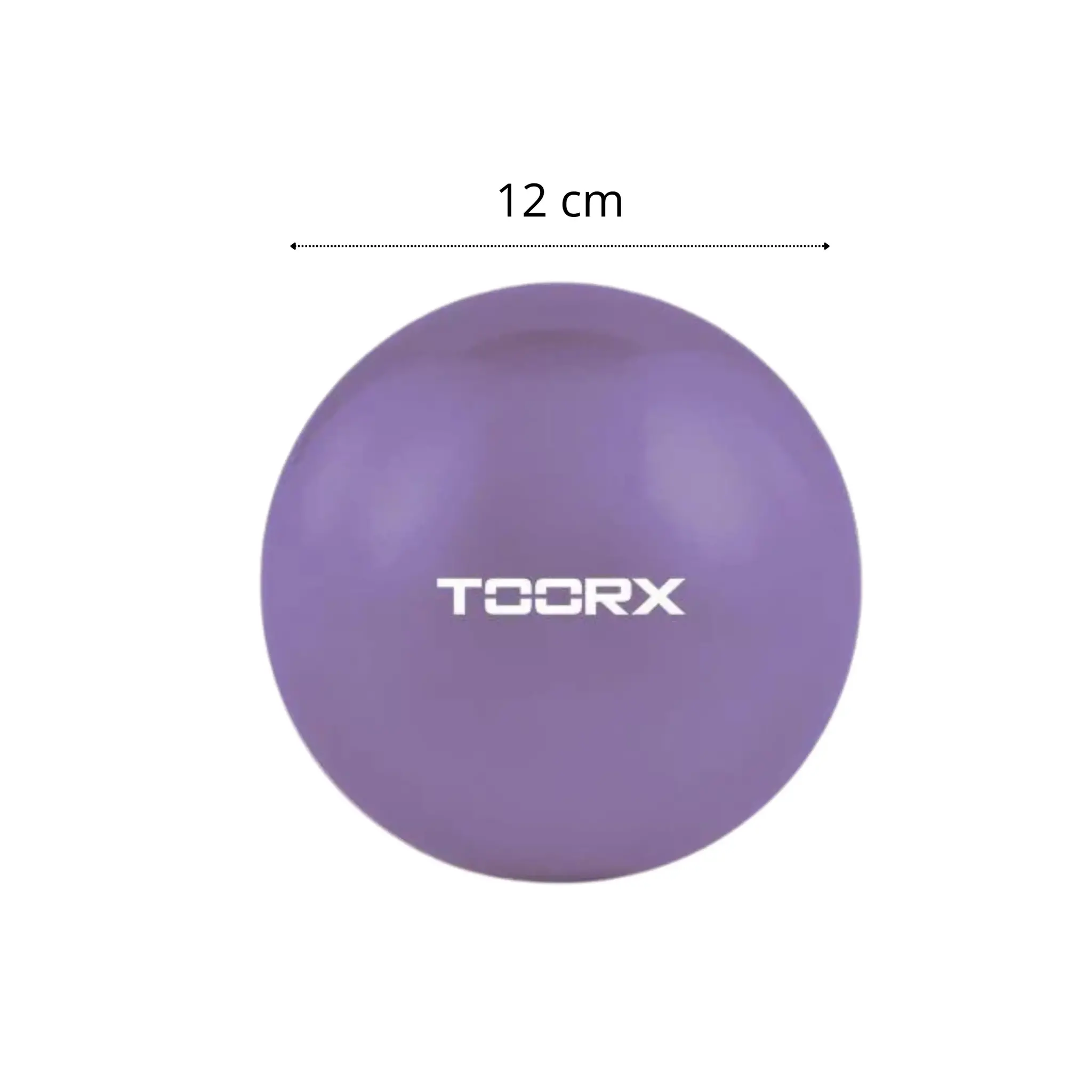 Paarse bal met het woord 'TOORX' erop gedrukt. Een meetpijl wijst naar de bal.