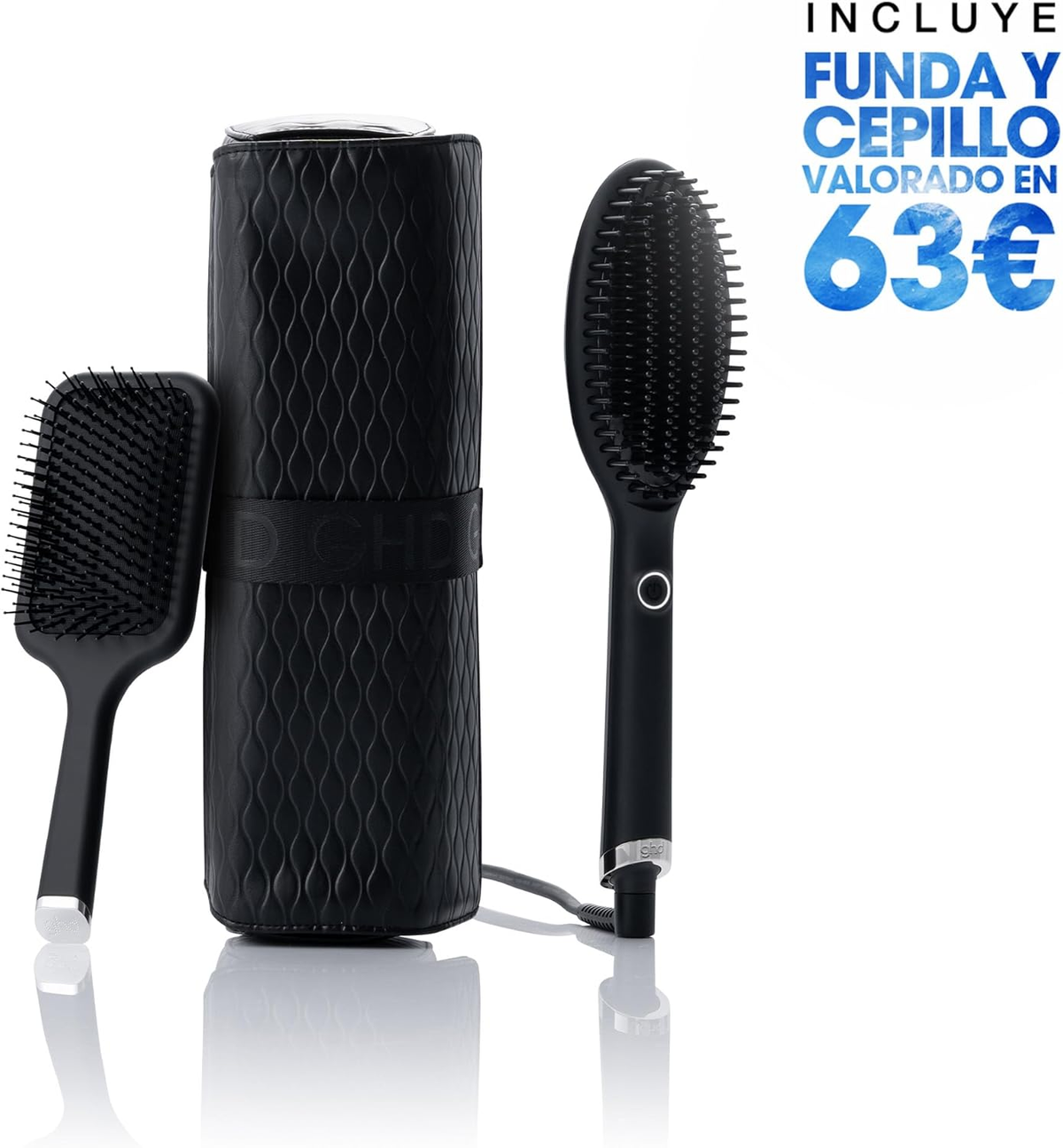 Piastra per capelli nera con spazzola e custodia da viaggio, su sfondo bianco.