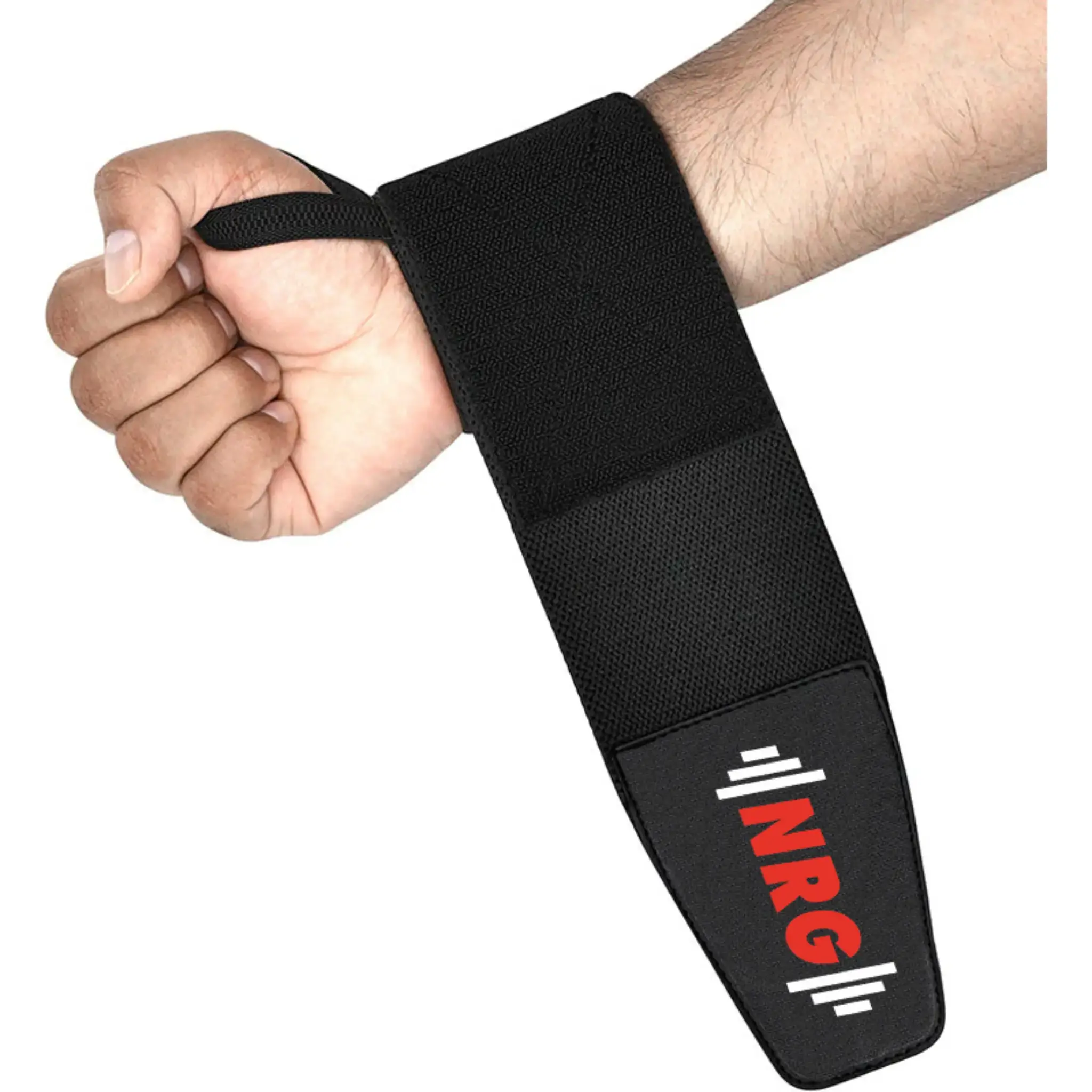 Een hand met een zwarte polsband met 