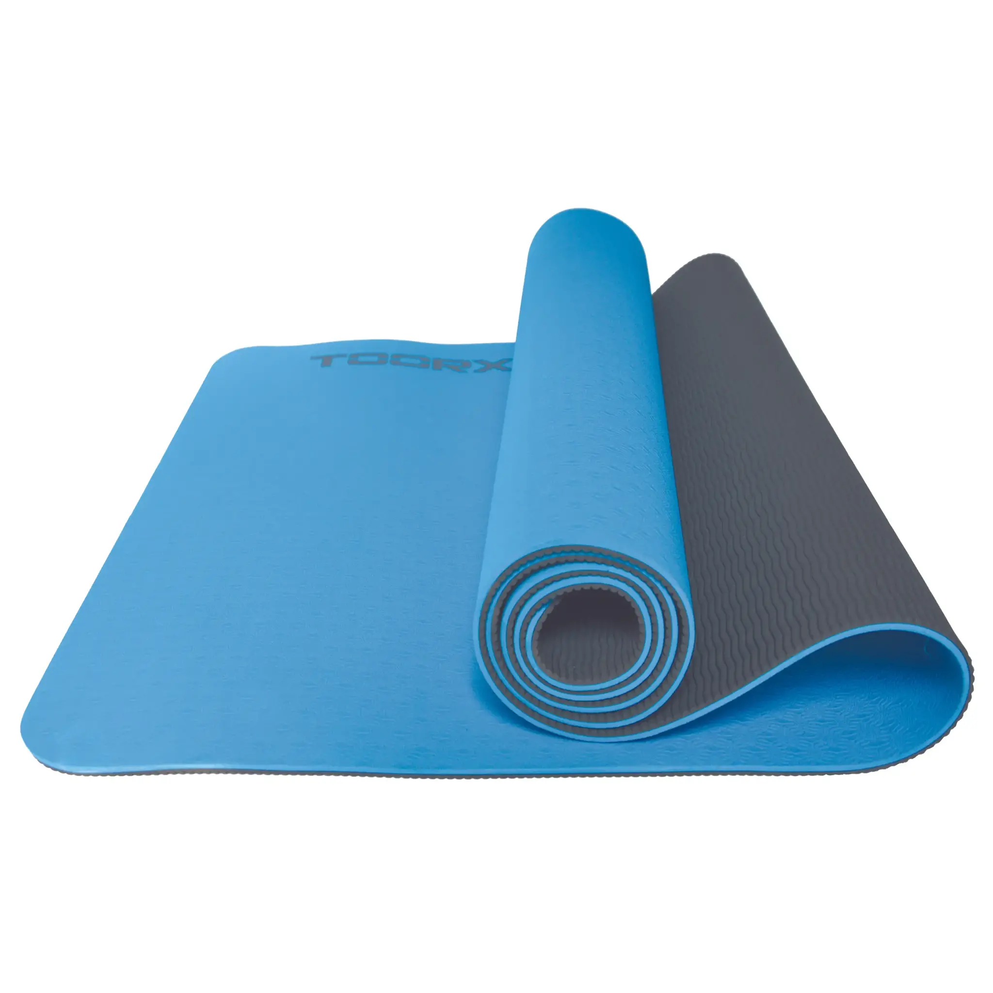 A blue and grey rolled-up TOORX yoga mat. The blue side is on top, showing the TOORX logo.