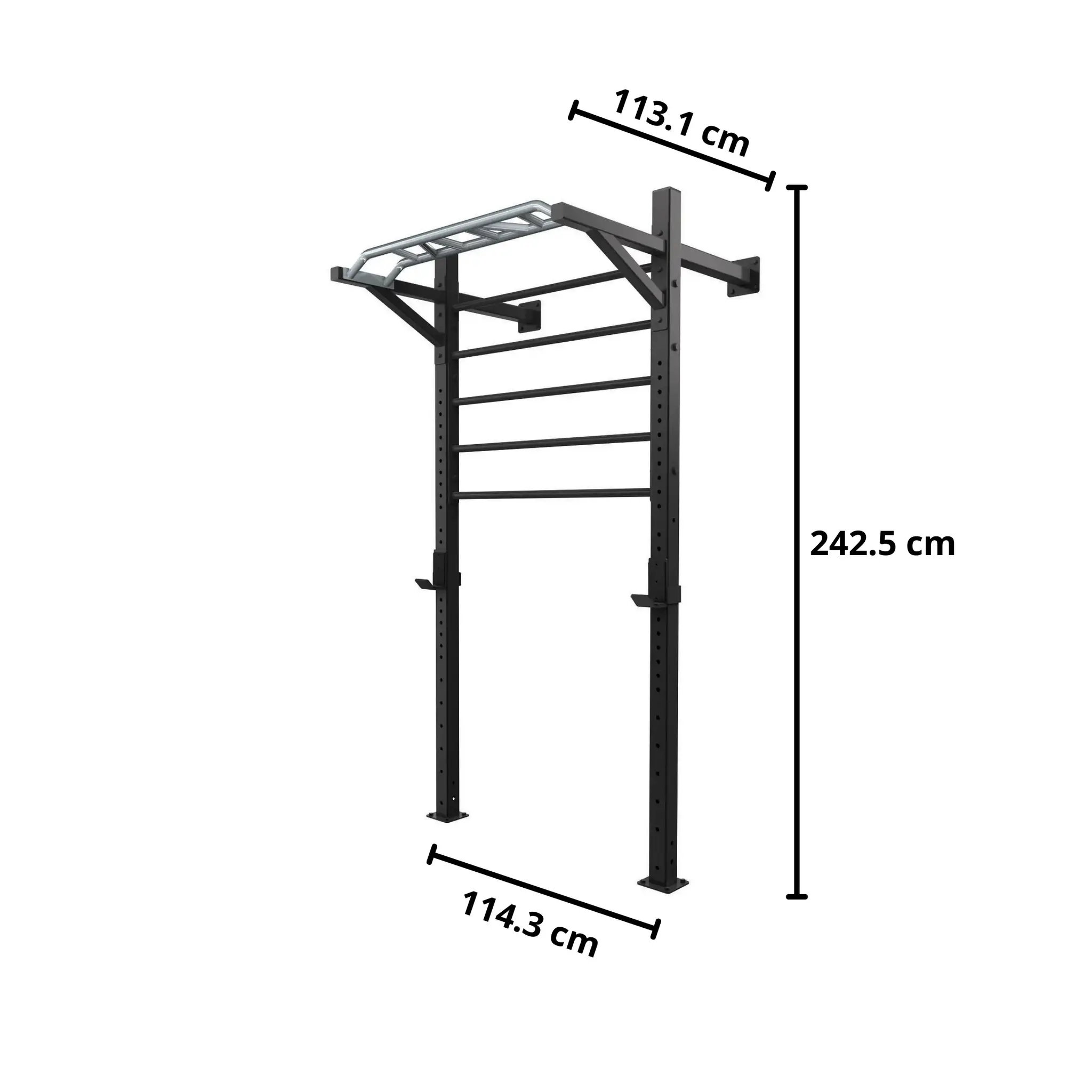 Zwarte metalen optrekstang met afmetingen: 113,1 cm, 114,3 cm en 242,5 cm. Met klimladder.