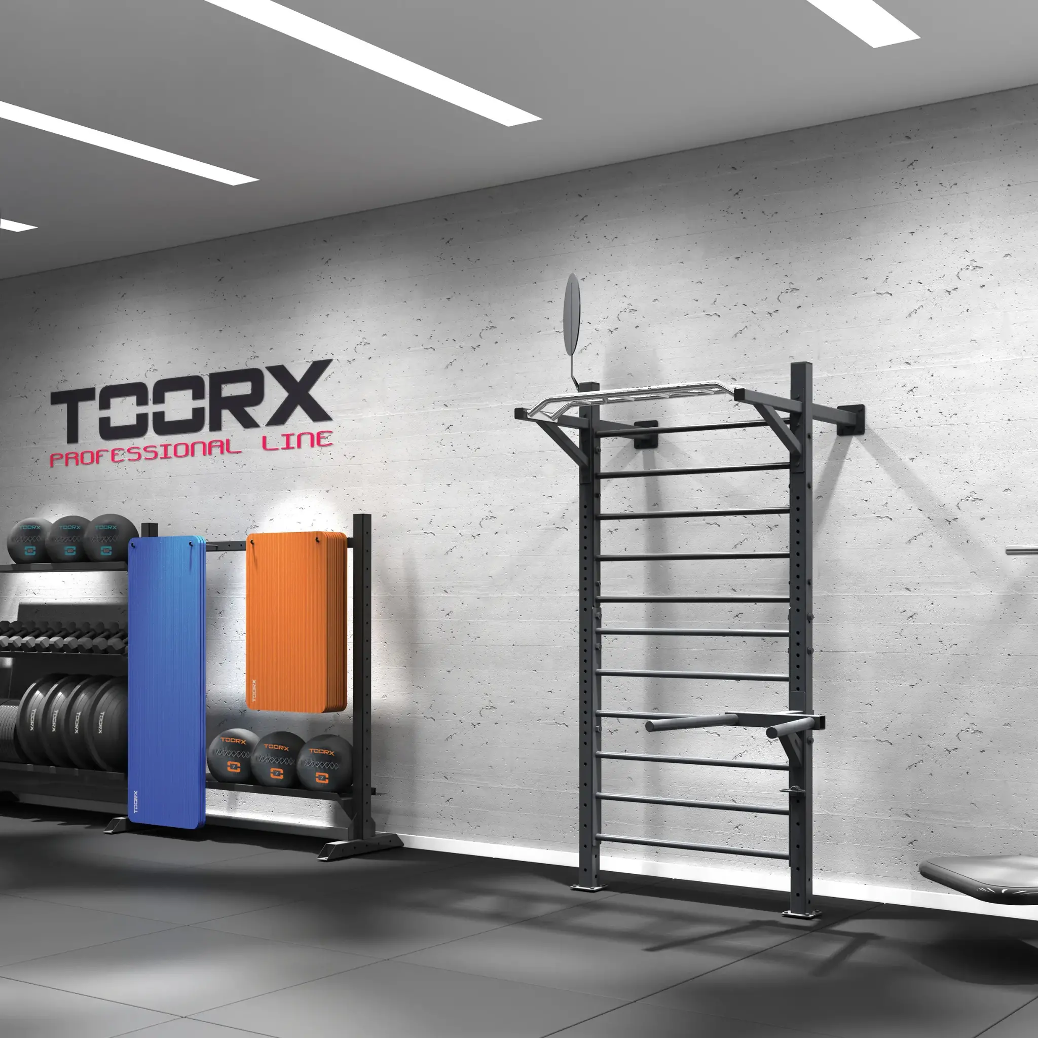 Een gymzaal met gewichten, matten en een aan de muur gemonteerde klimstructuur, het woord TOORX is zichtbaar.