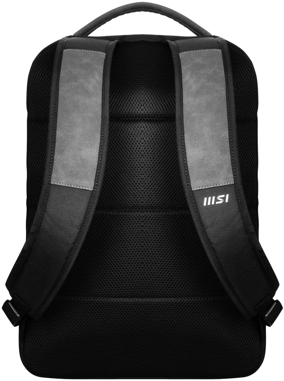 Schwarzer Rucksack mit grauen Trägern und dem Logo von MSI. Schwarzer Hintergrund.
