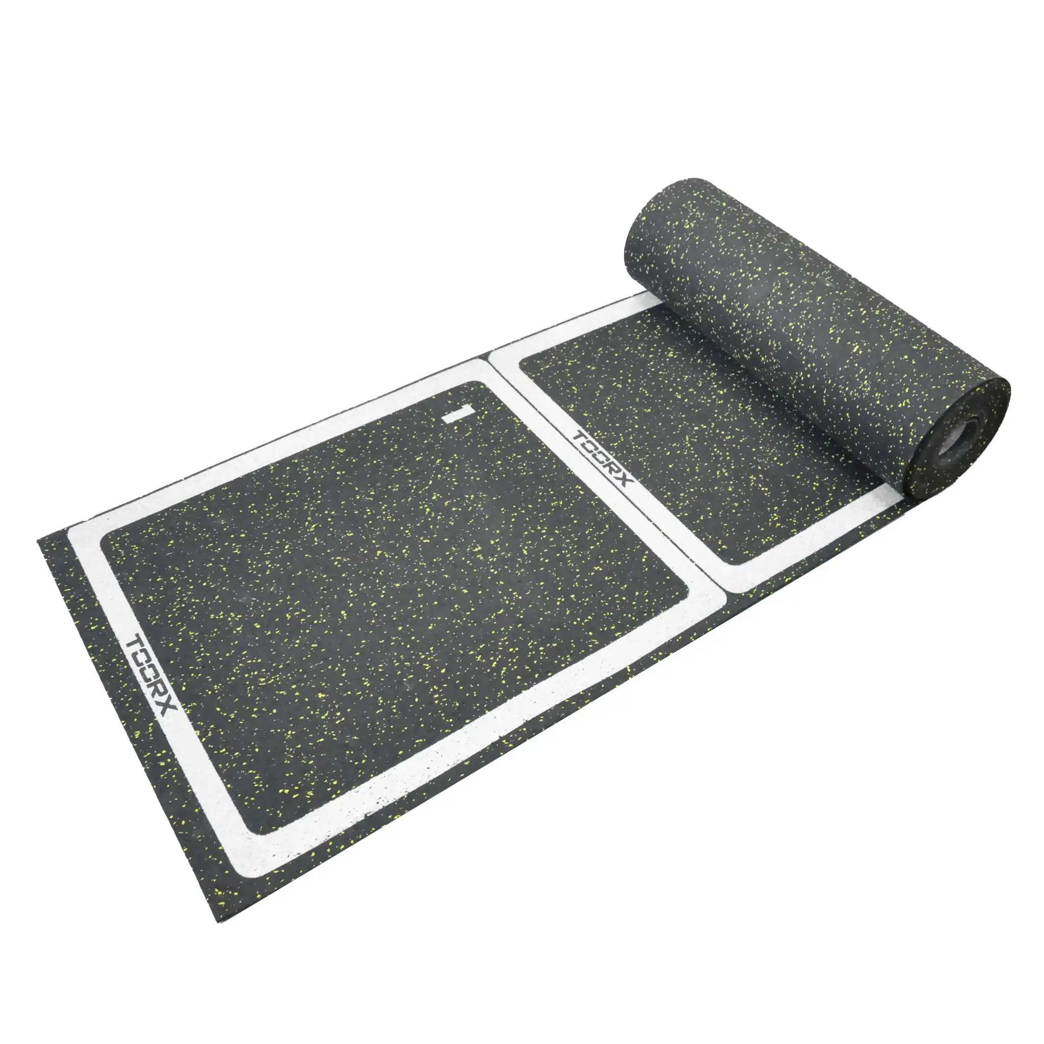 Un tapis d'exercice noir avec une section enroulée, marqué de lignes et une bordure blanche sur fond blanc.