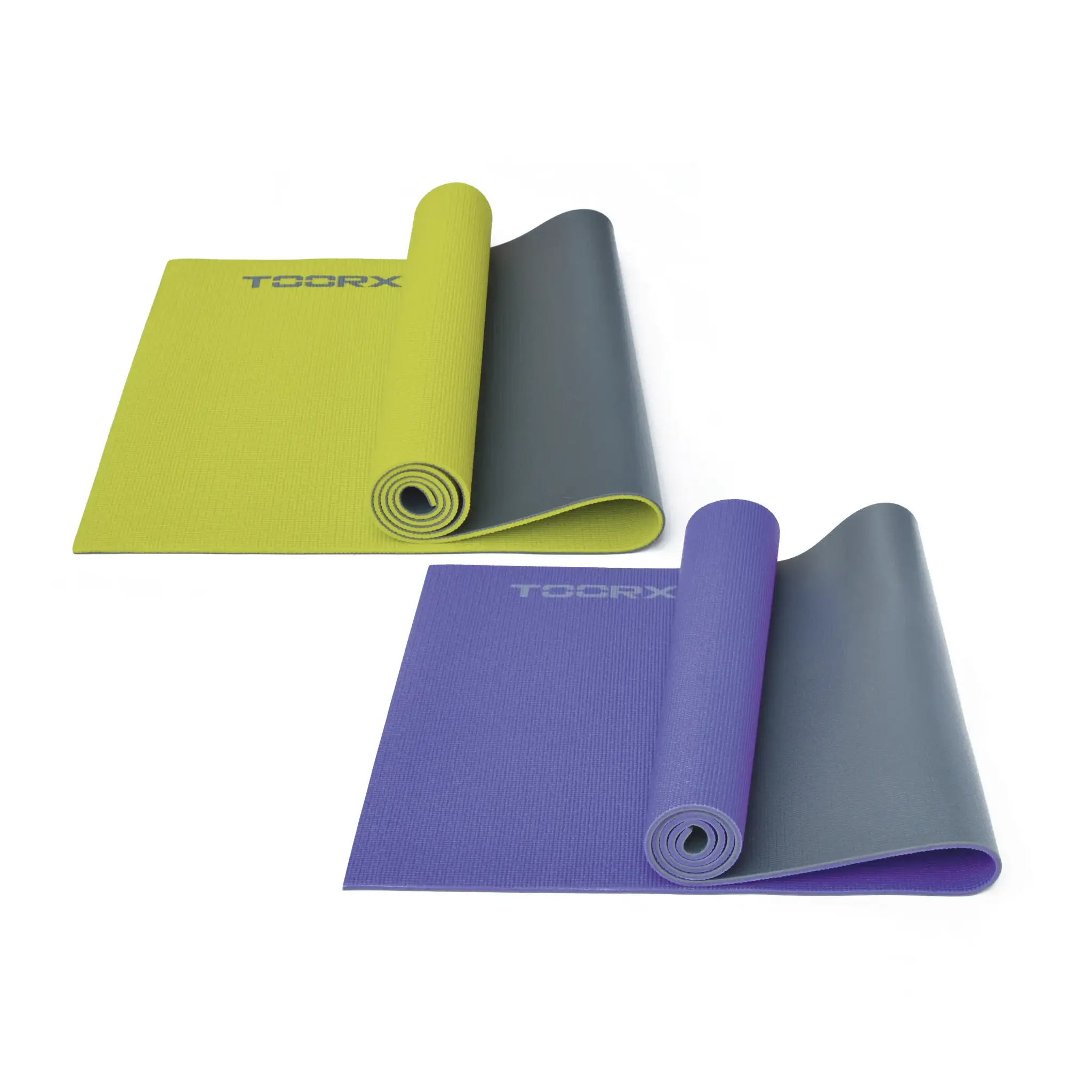 Two rolled yoga mats, green and purple, with grey undersides. White background.