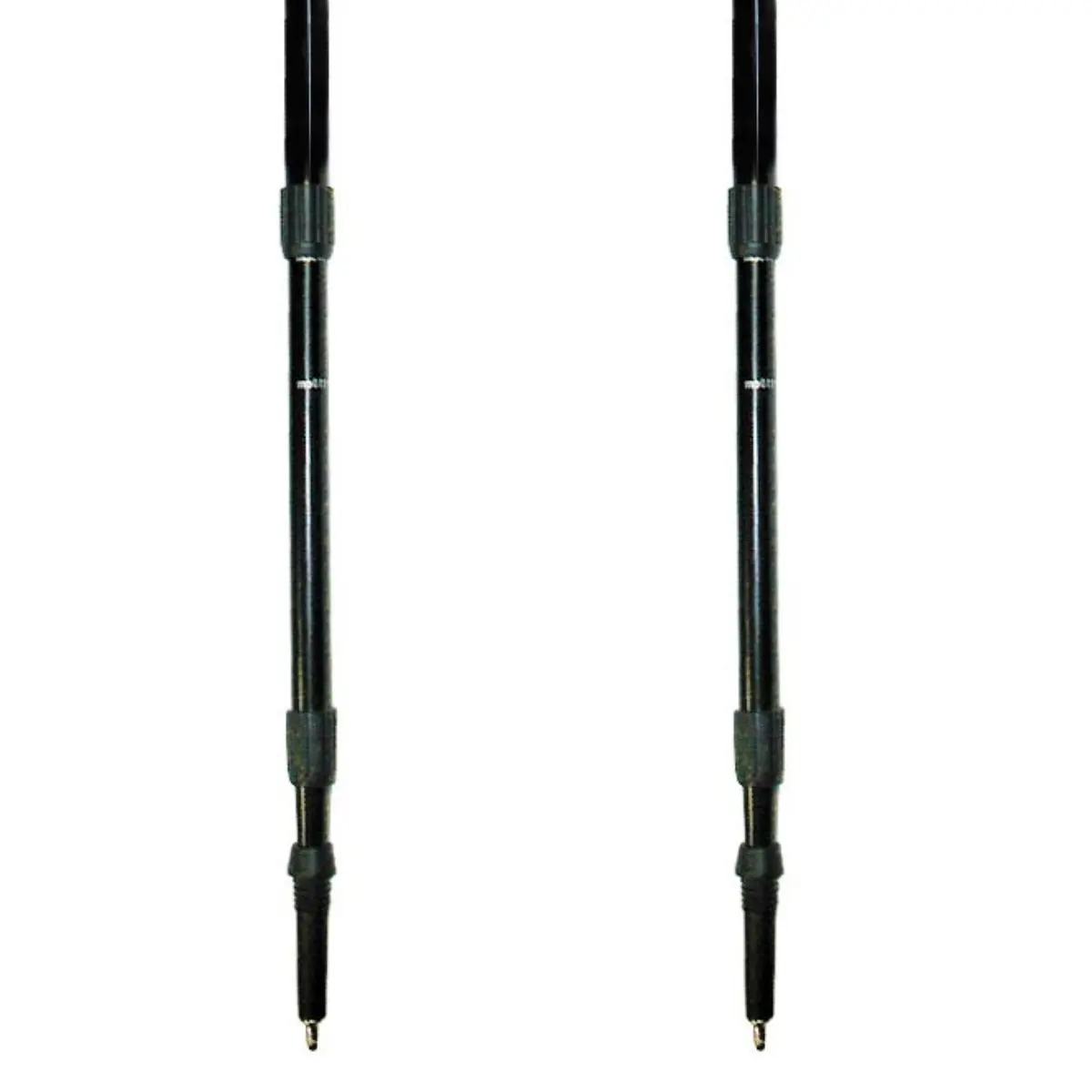 Two black trekking poles. They are adjustable with black and grey handles.