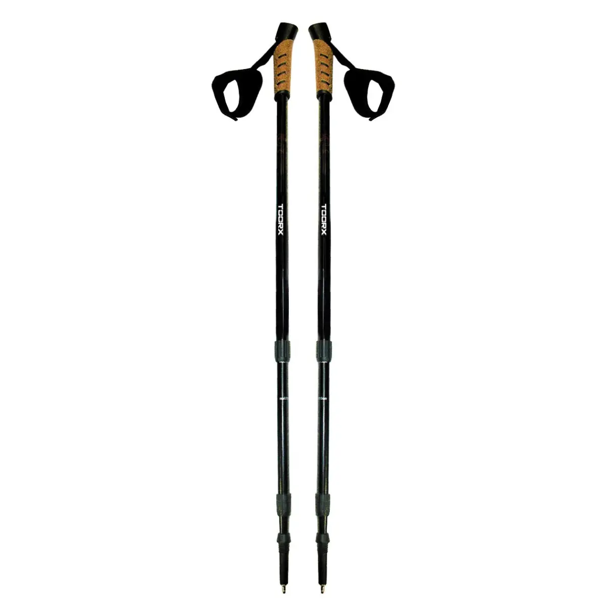 Pair of black and brown hiking poles with handles and straps, white background.