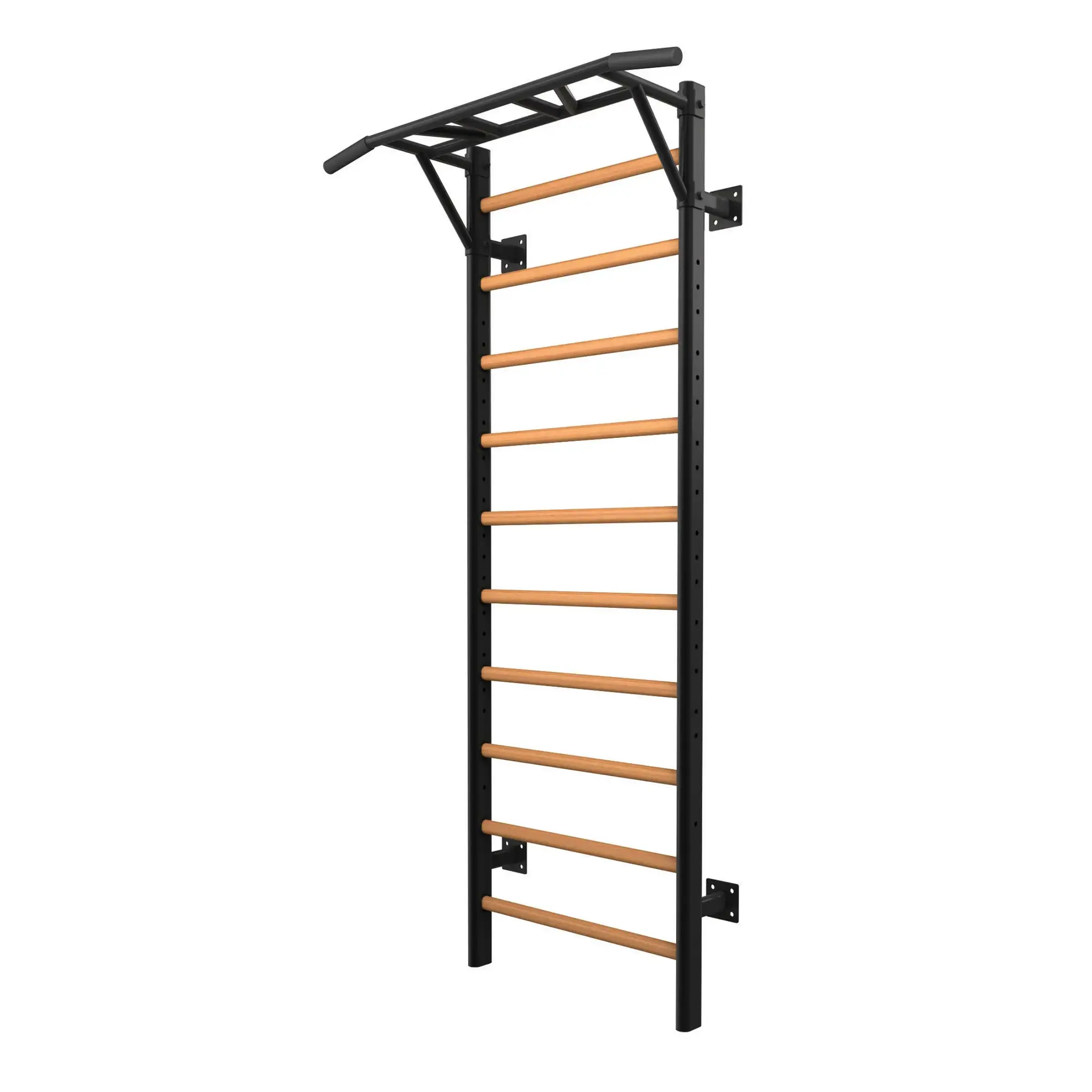 Aan de muur gemonteerde oefenladder met houten sporten en een optrekstang bovenaan.