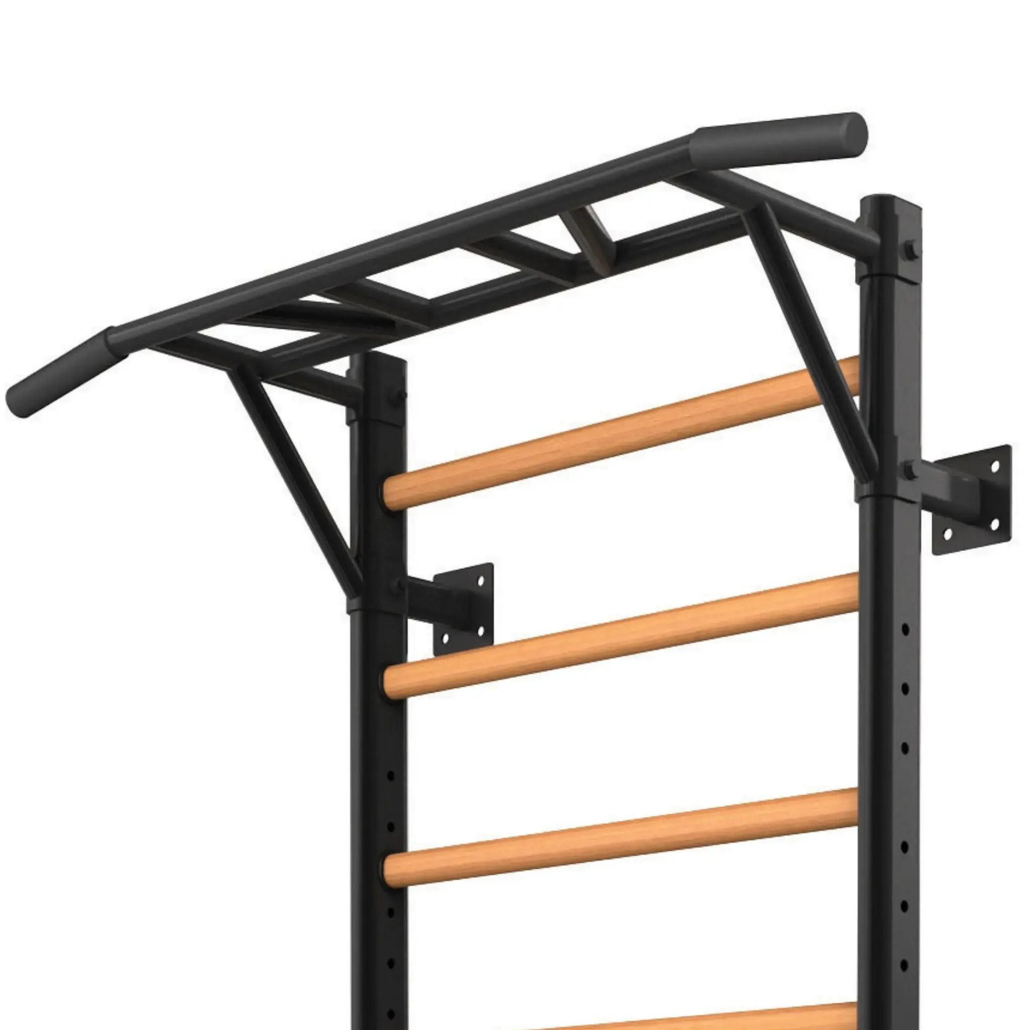 Zwarte optrekstang met houten horizontale staven om te klimmen.