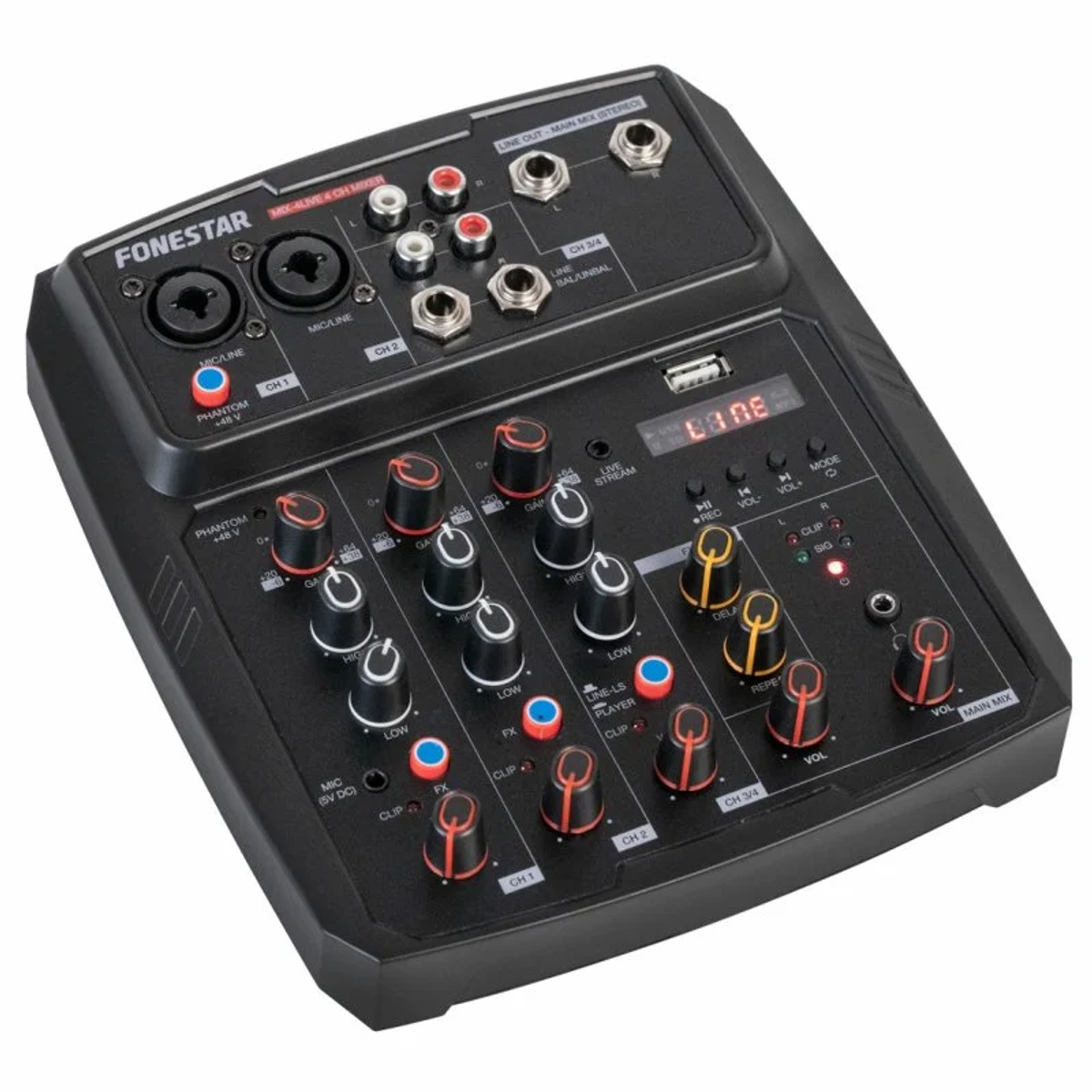 Mezclador de audio negro con múltiples perillas y conectores. Vista superior, fondo blanco.