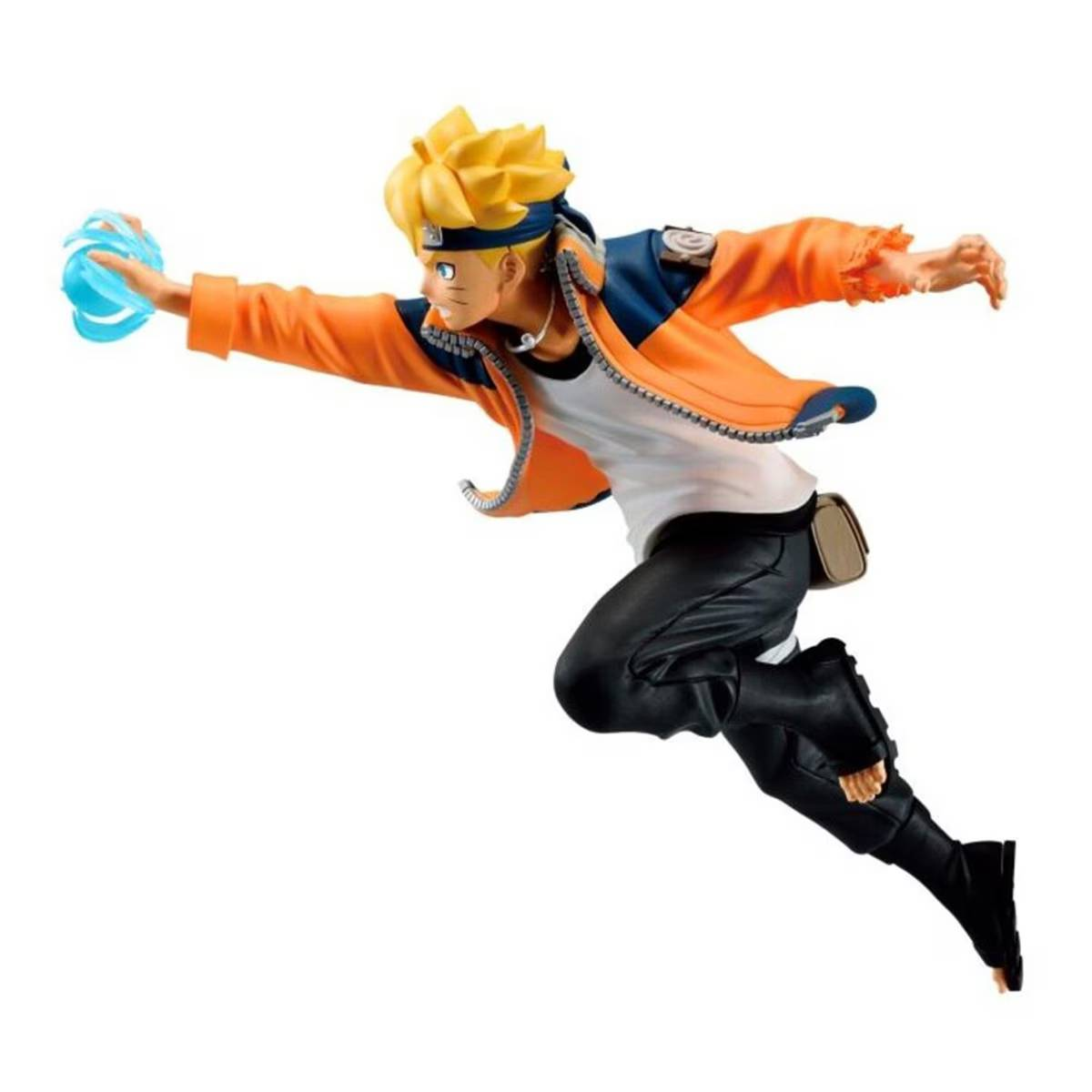 Figura de Naruto en pose de acción, con traje naranja y azul, sosteniendo una bola de energía azul.