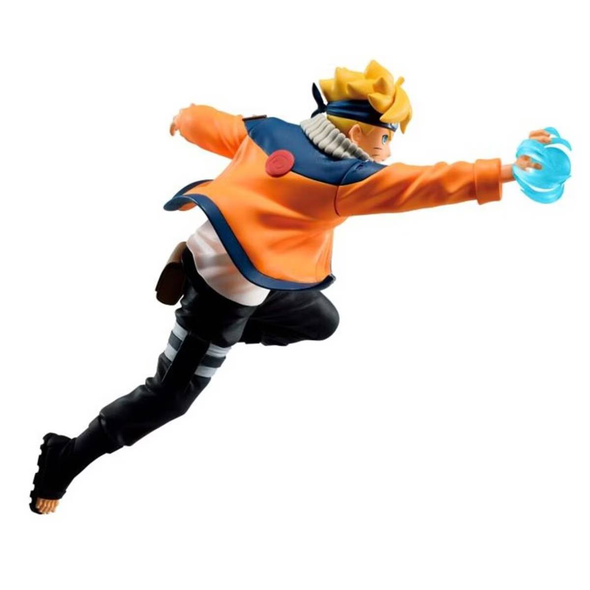 Figura de acción de Naruto. Es naranja y azul, y tiene una bola de energía azul.