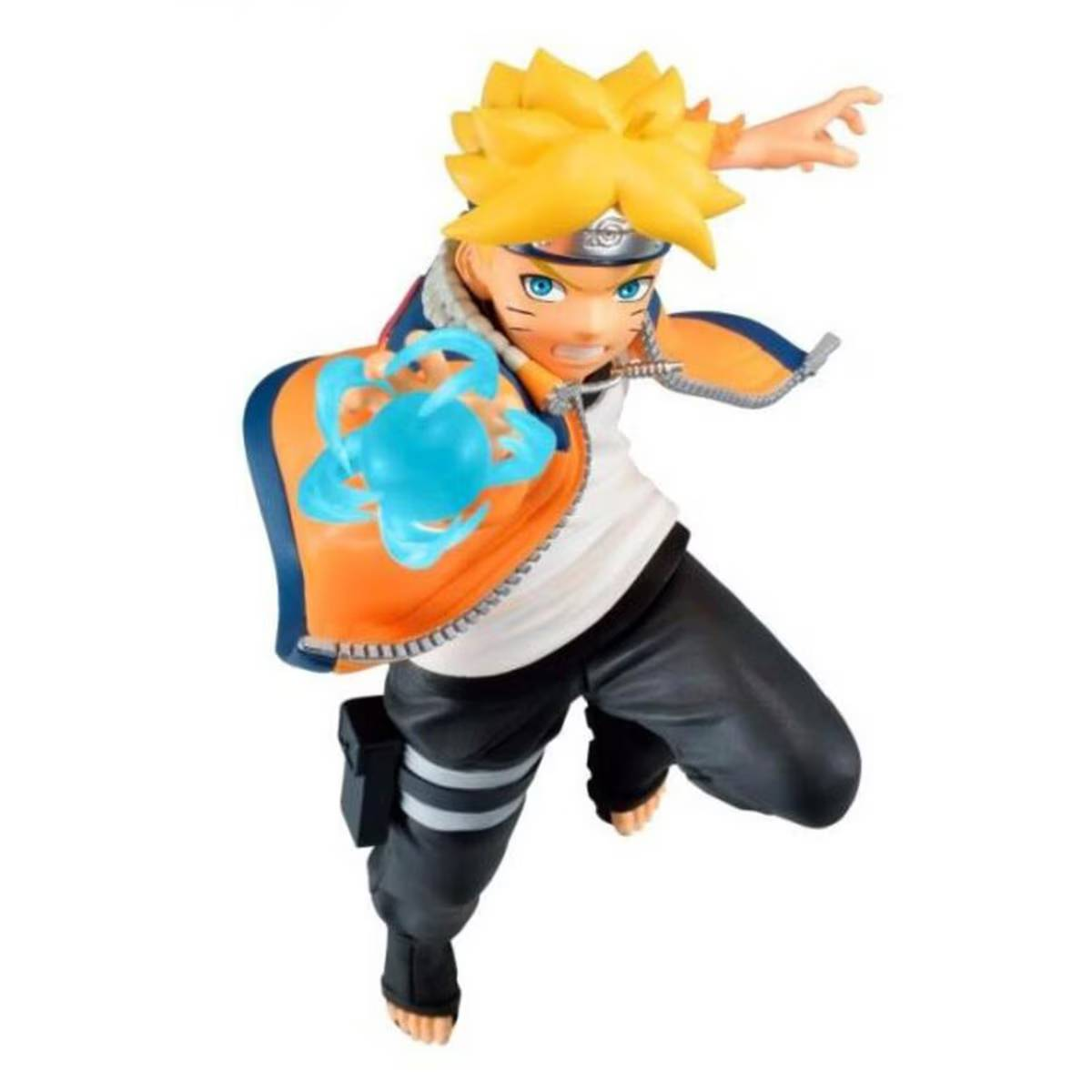 Figura de Naruto en pose de acción, con chaqueta naranja, pantalones negros y bola de energía azul.