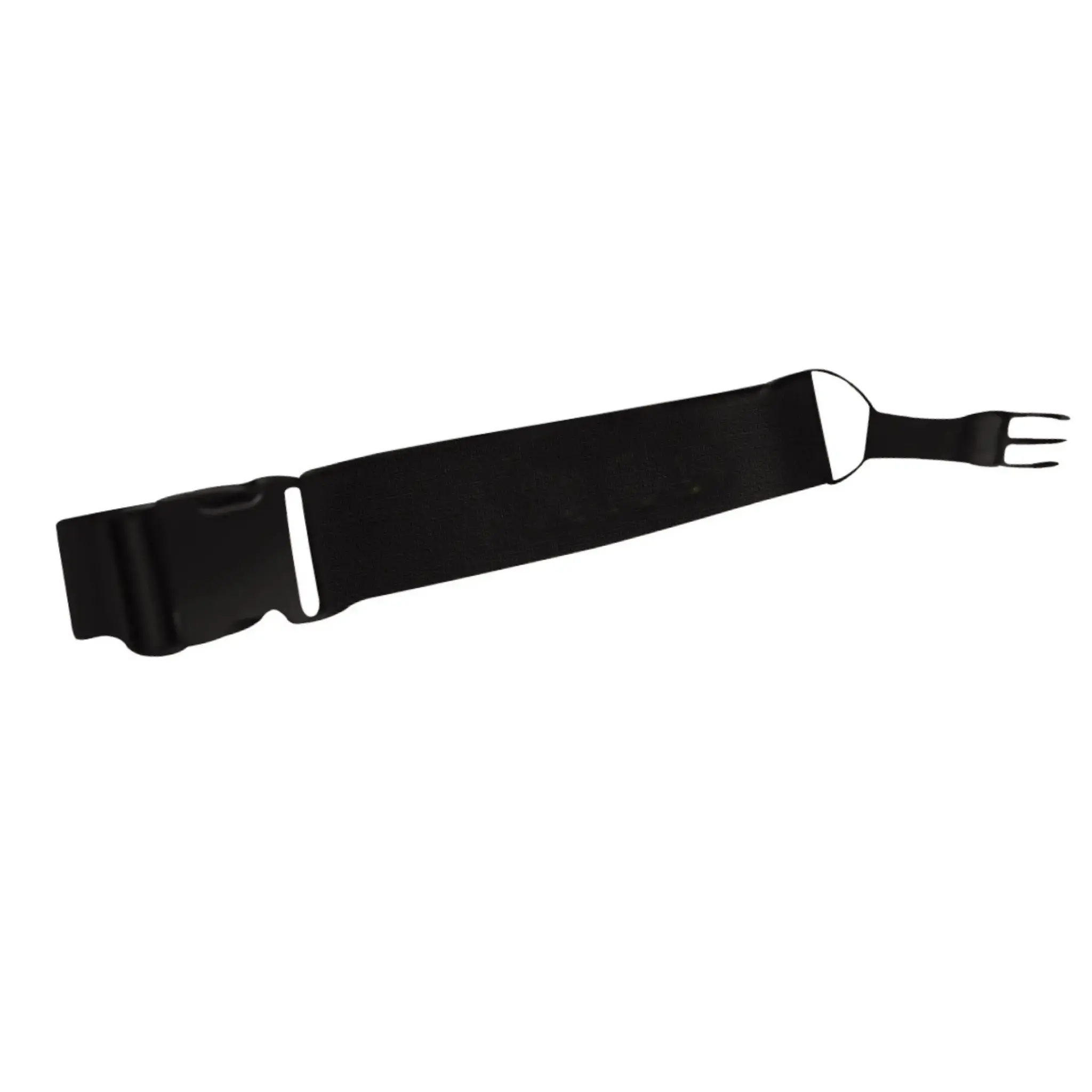 Sangle noire, plate, de type tissu, avec une boucle à une extrémité et trois broches à l'autre.