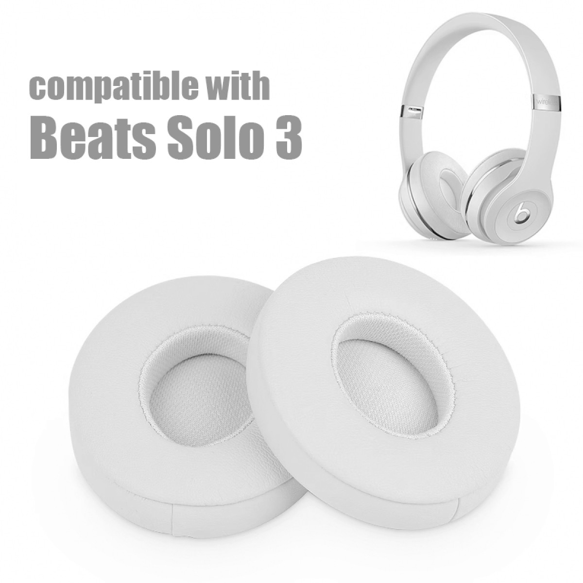 Białe słuchawki Beats Solo 3 i nauszniki. Tekst: "compatible with Beats Solo 3".