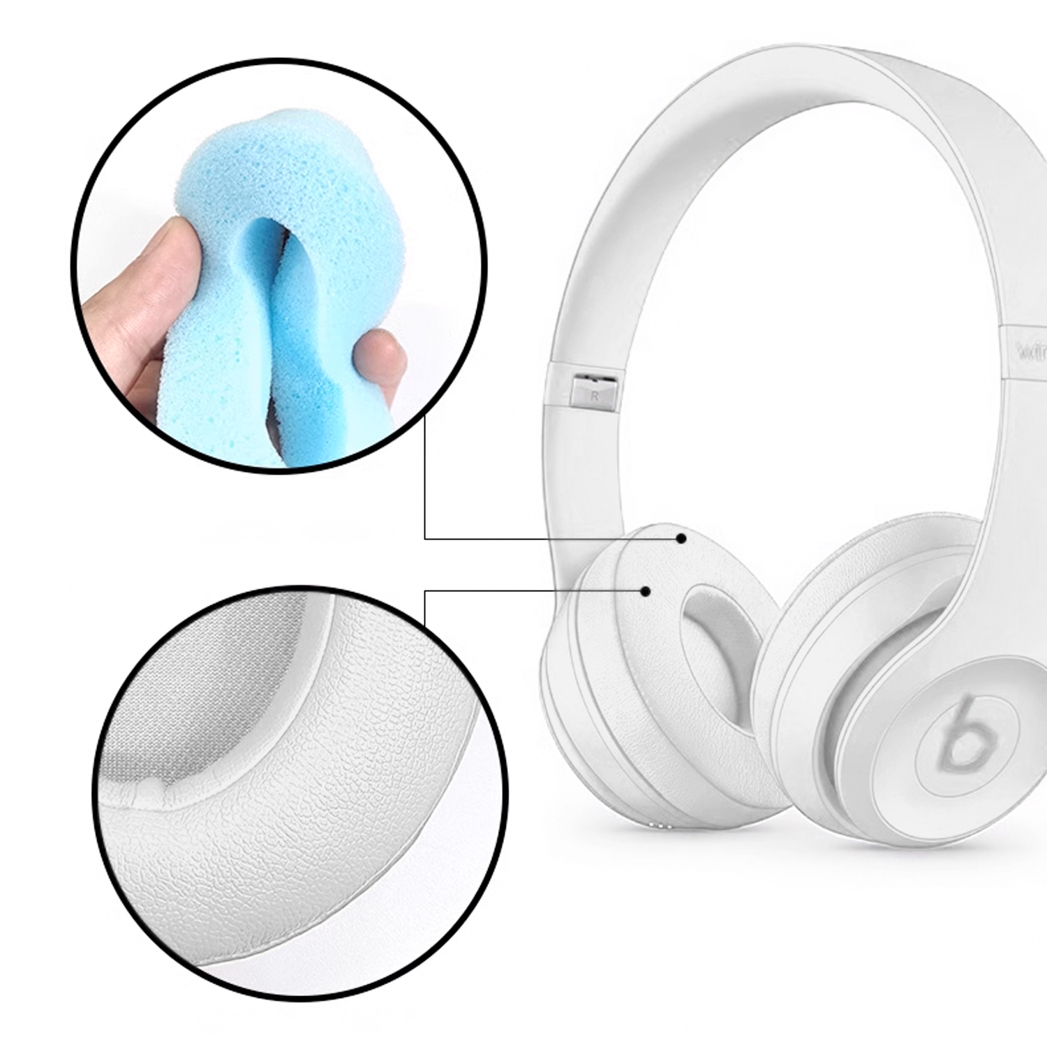 Białe słuchawki z nausznikami. Zbliżenia na poduszki nauszników. Białe tło.