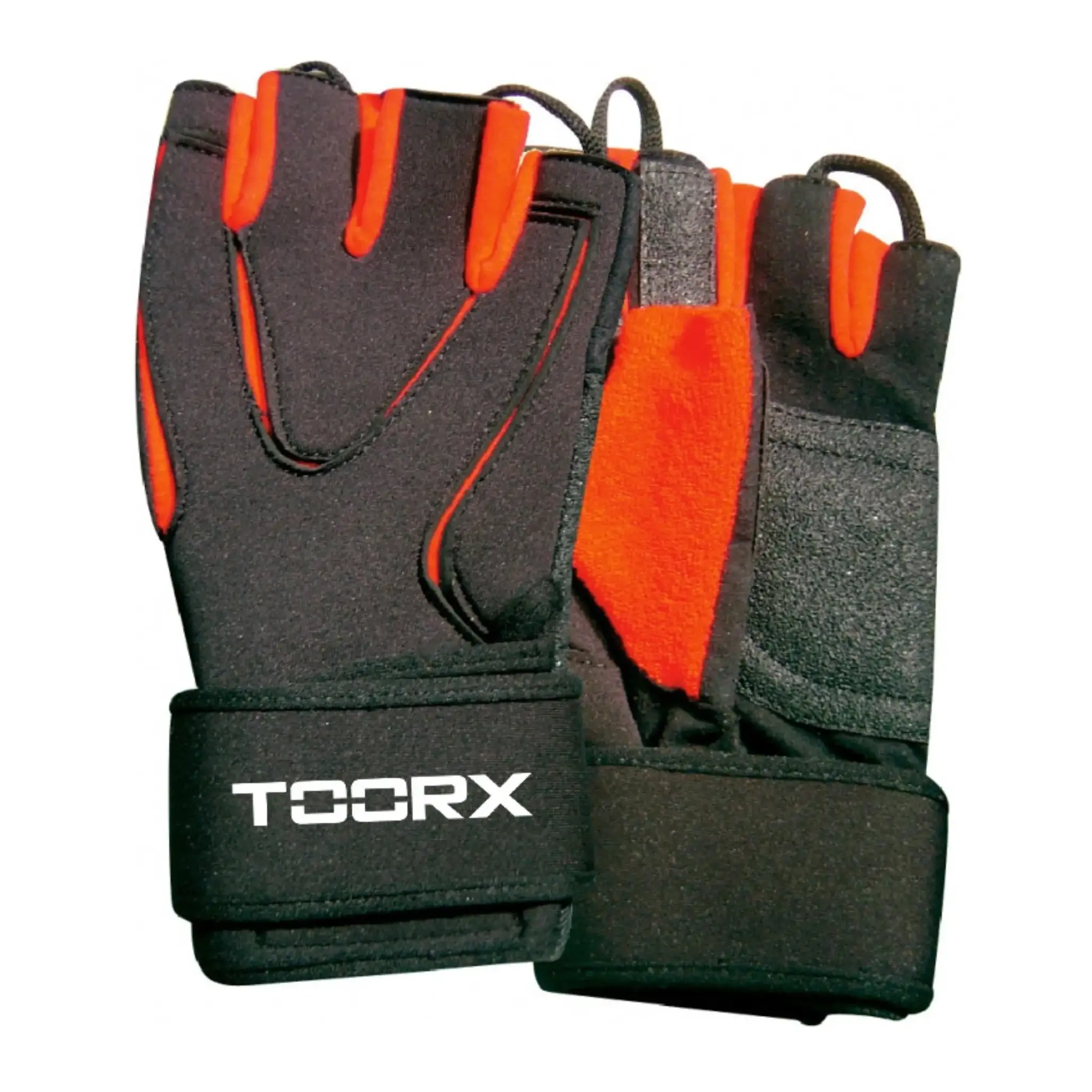 Gants d'entraînement noirs et orange. Les gants ont une sangle de poignet.