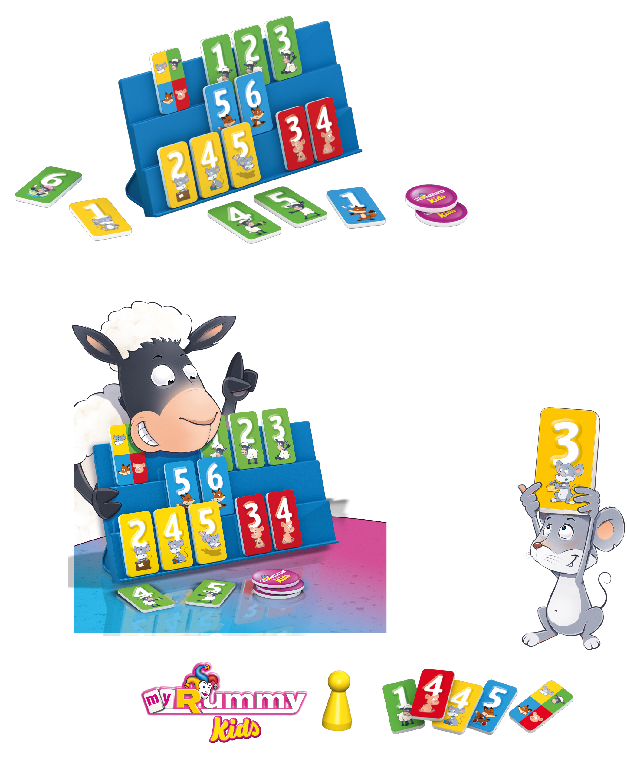 Ein Spiel mit bunten Karten und einem blauen Ständer. Ein Schaf und eine Maus sind vorhanden.