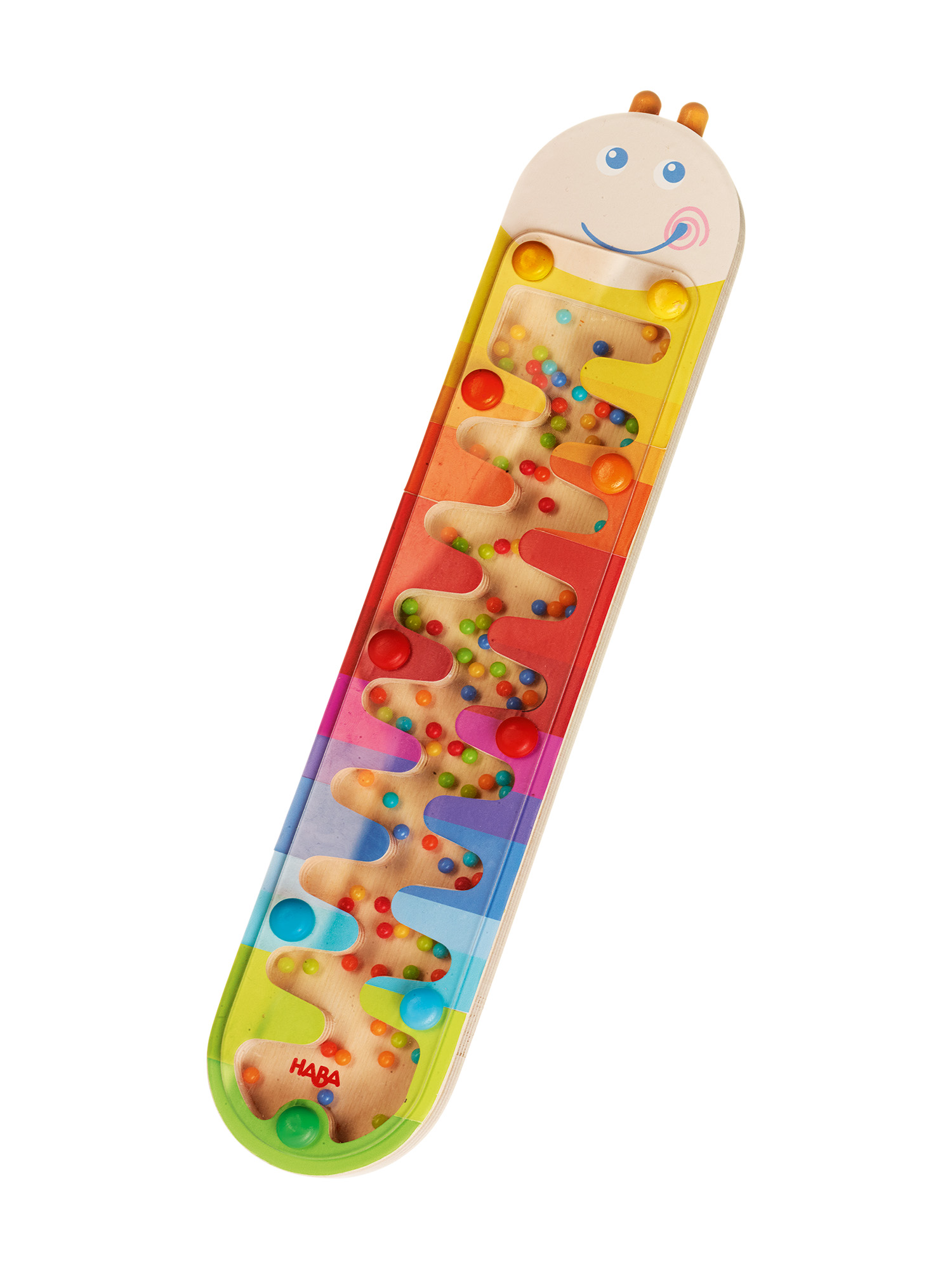 Farbenfrohes Holzspielzeug mit Kugeln, mit einem lächelnden Gesicht. Weißer Hintergrund.