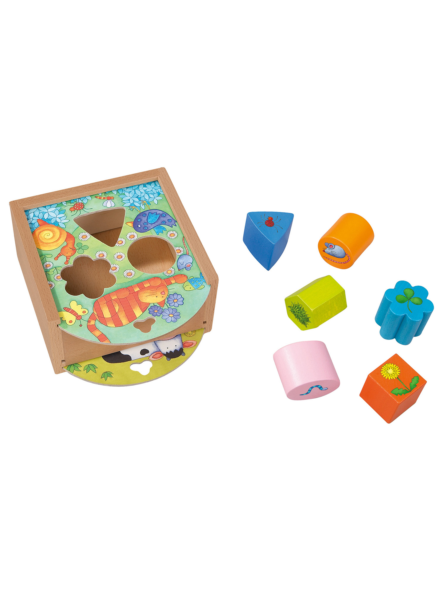 Holzformsortierspielzeug mit Formen und drehbarer Basis, mit bunten Holzformen.