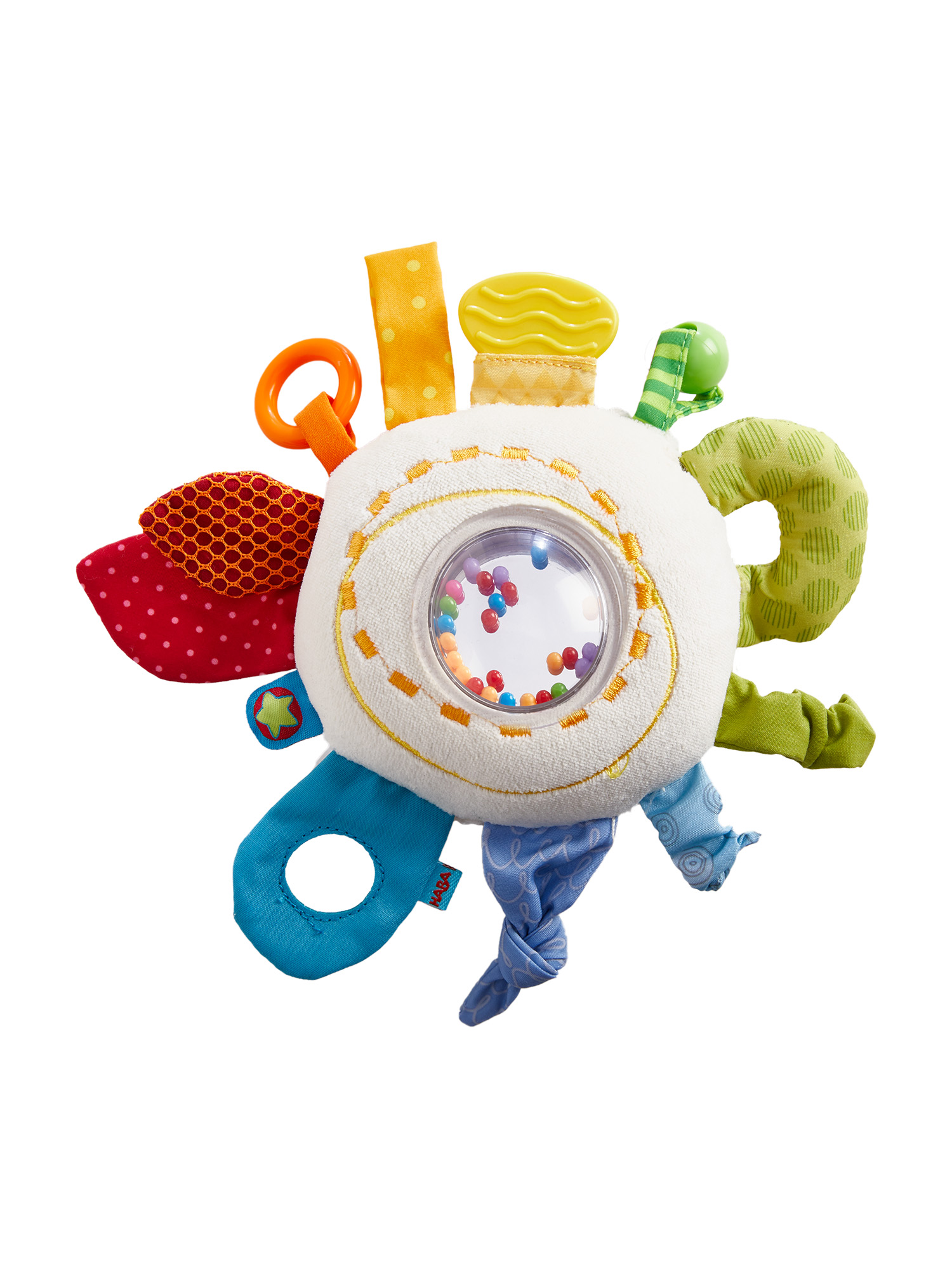 Ein buntes Babyspielzeug mit einem durchsichtigen Fenster, einem Ring und verschiedenen Formen und Farben.