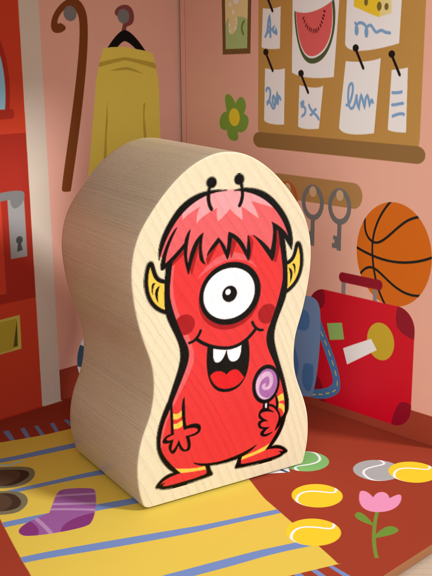 Giocattolo a forma di mostro di legno con un occhio che tiene un lecca-lecca in una stanza.